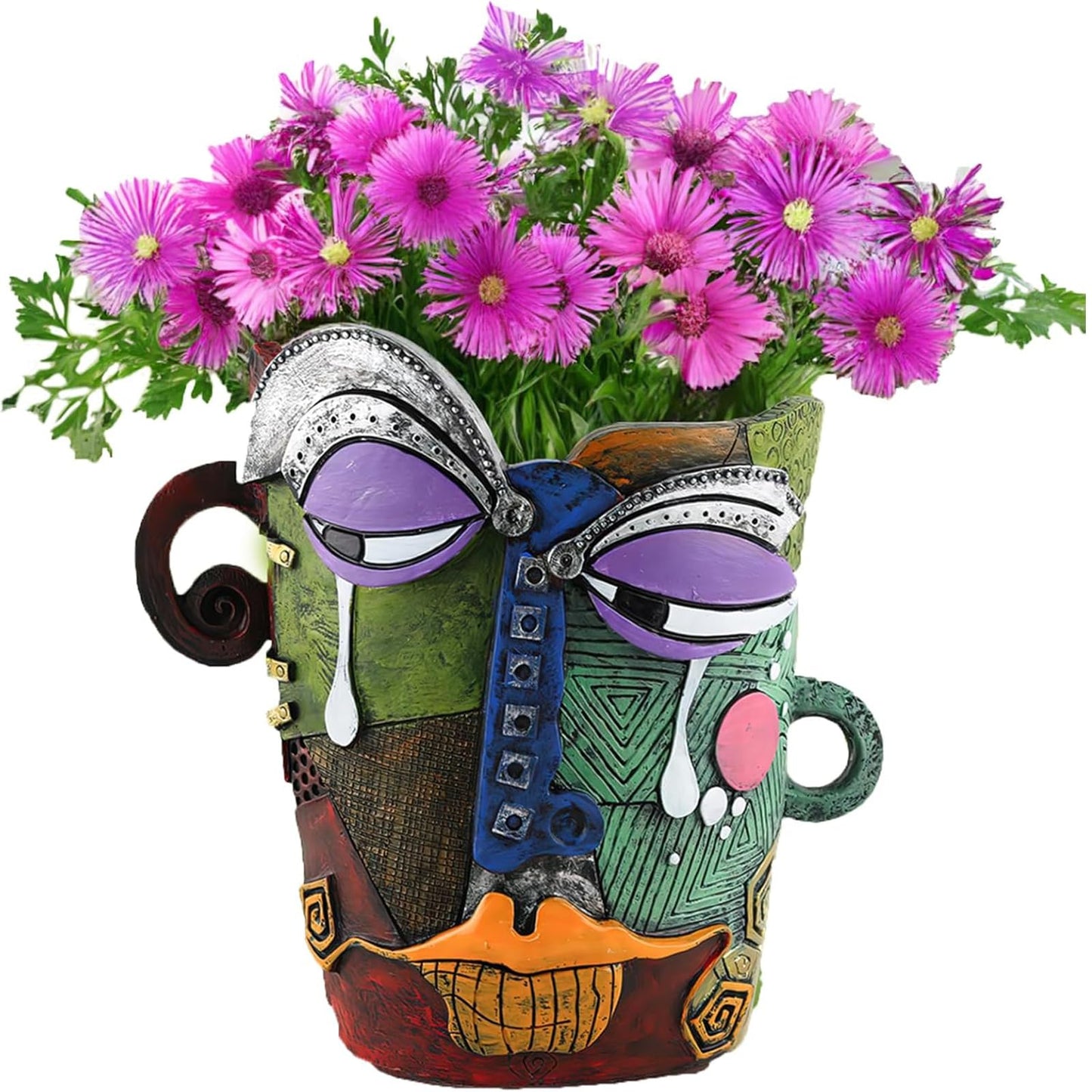 Picasso Brutalist Abstract Face Planter - Head Ornament Flower Pot Container - Colorful Art Resin (Picasso's Tearful Flowerpot)