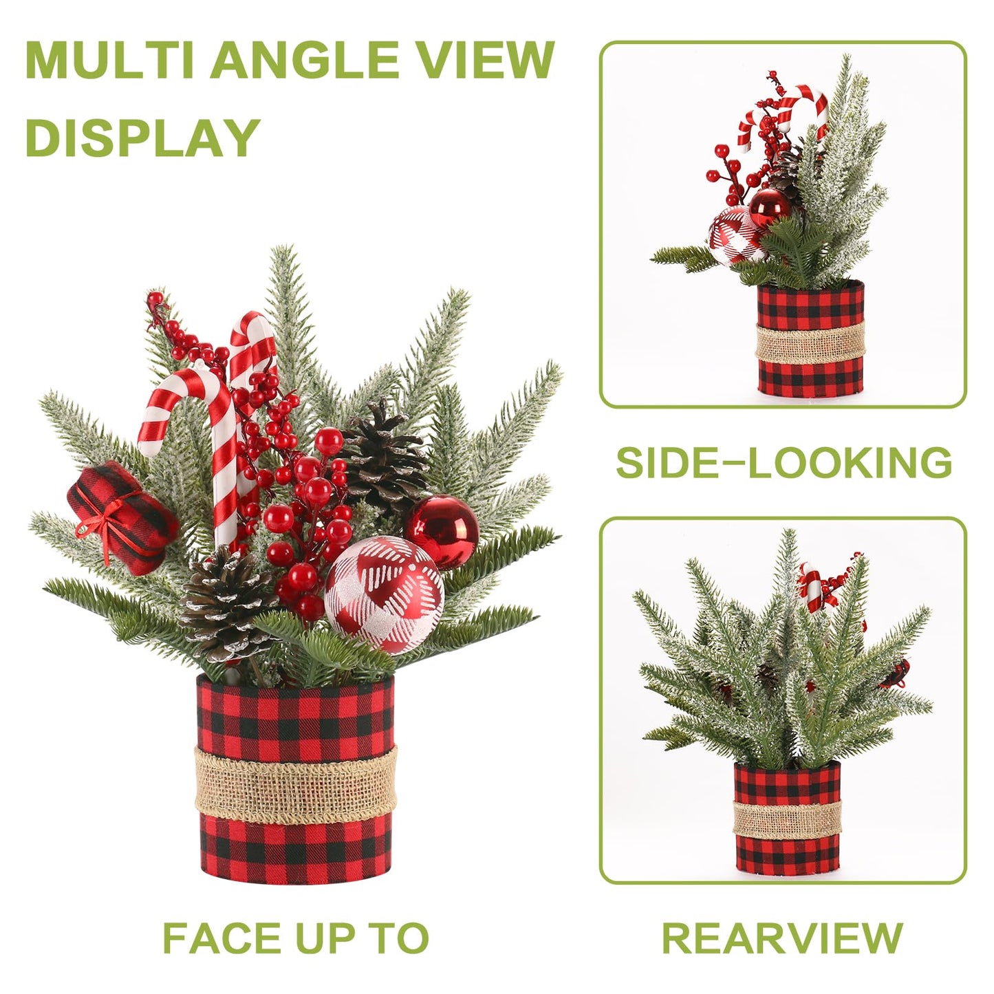 Super Holiday Small Winter Buffalo Check Plaid Christmas Tree, Artificial Mini Tabletop Christmas Tree Decorations with Xmas Ornaments, for Home Party Thankgivings Decor, Red/Black-Indoor