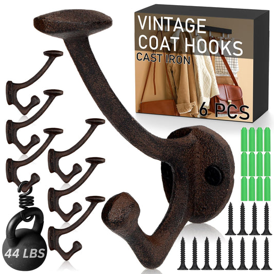 Duraaamo 6 Pcs Vintage Coat Hooks Cast Iron Wall Mounted Rustic Decorative Wall Hooks Heavy Duty Antique Metal Rack for Hanging Coats, Hats, Purse, Towels, Bags Coat Robe Door Farmhouse Decor(Brown)