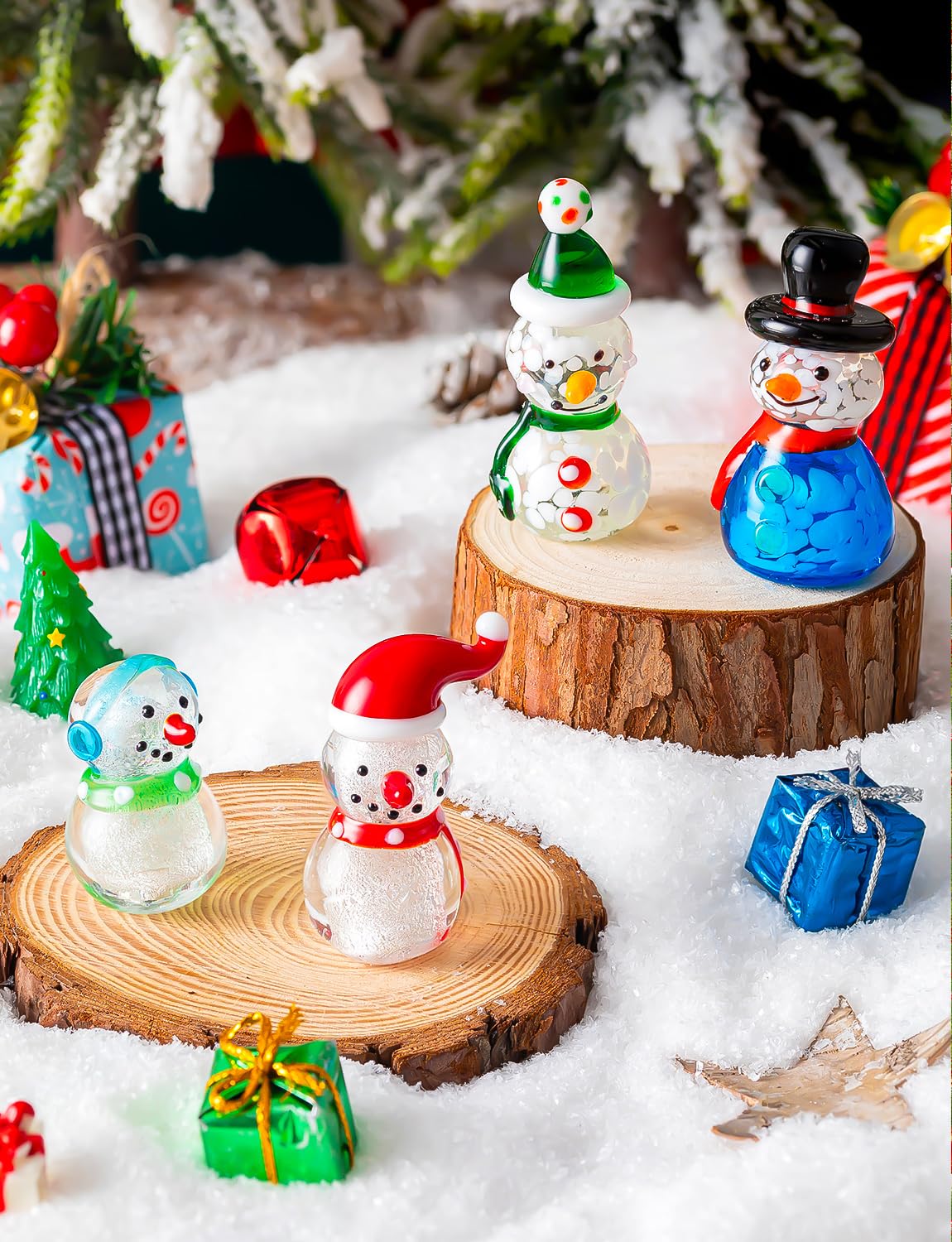 ALDMIO 4Pcs Blown Glass Snowman Decor, Mini Snowman Christmas Figurines Art Decorations for Home Festival Xmas Decoration