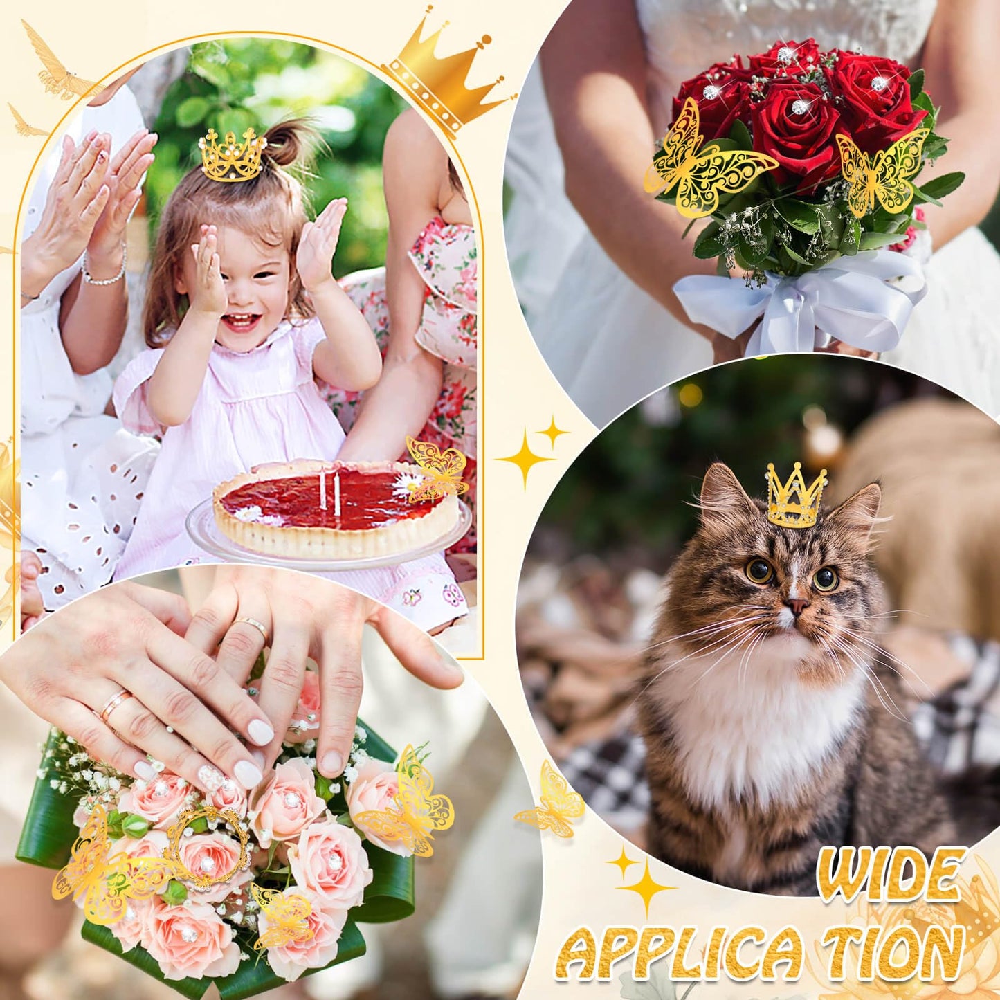 cridoz Gold Crowns for Flower Bouquets, Flower Bouquet Accessories Including 4 Pcs Bouquet Crown, 12 Pcs Butterfly Decorations and 50 Pcs Flower Pins for Birthday Wedding Baby Shower