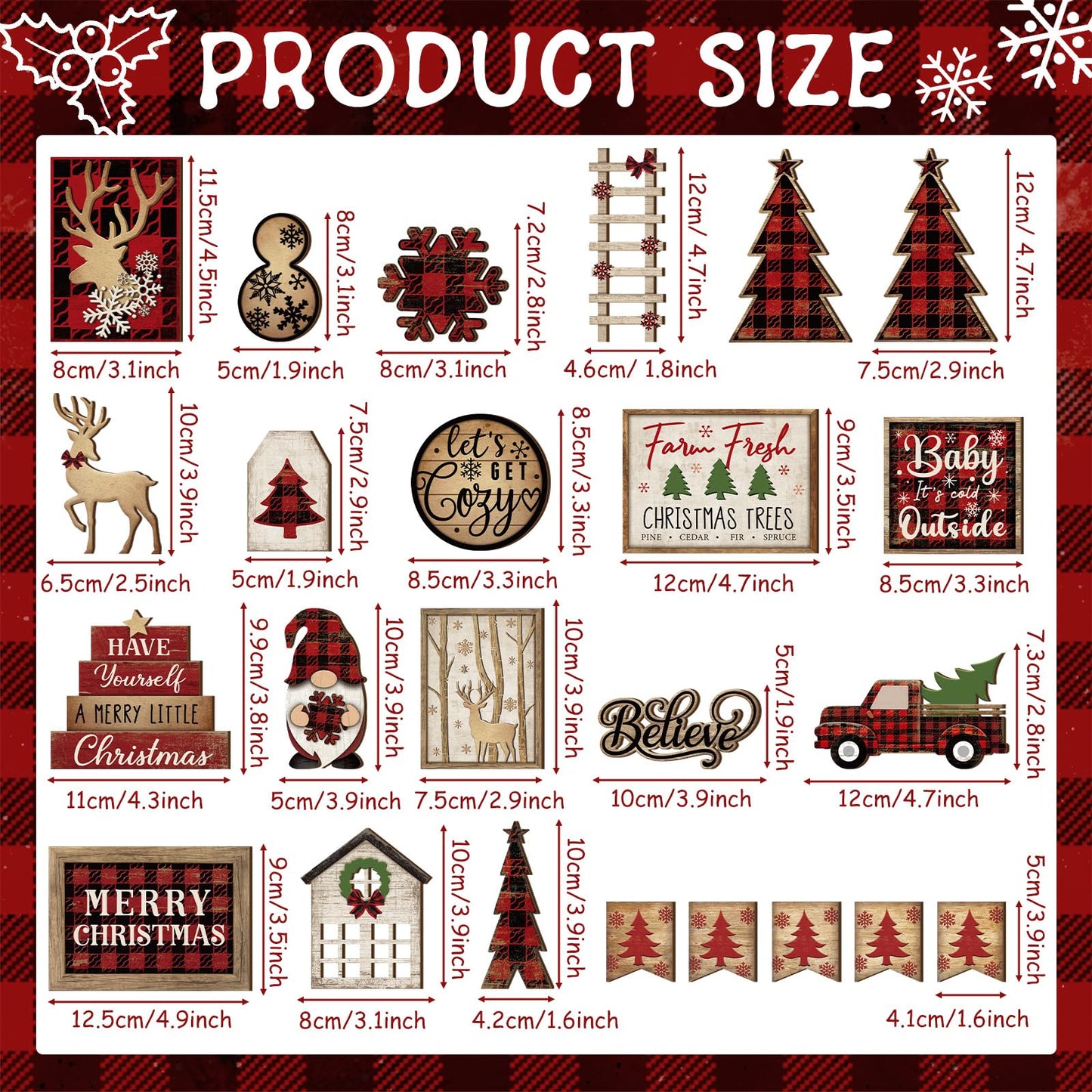 Shellwei 24 Pcs Christmas Tiered Tray Decor Wood Rustic Christmas Decoration for Home Table Shelf Winter Farmhouse Decor Xmas Trees Gnome Elk Snowflake Signs (Buffalo Plaid)