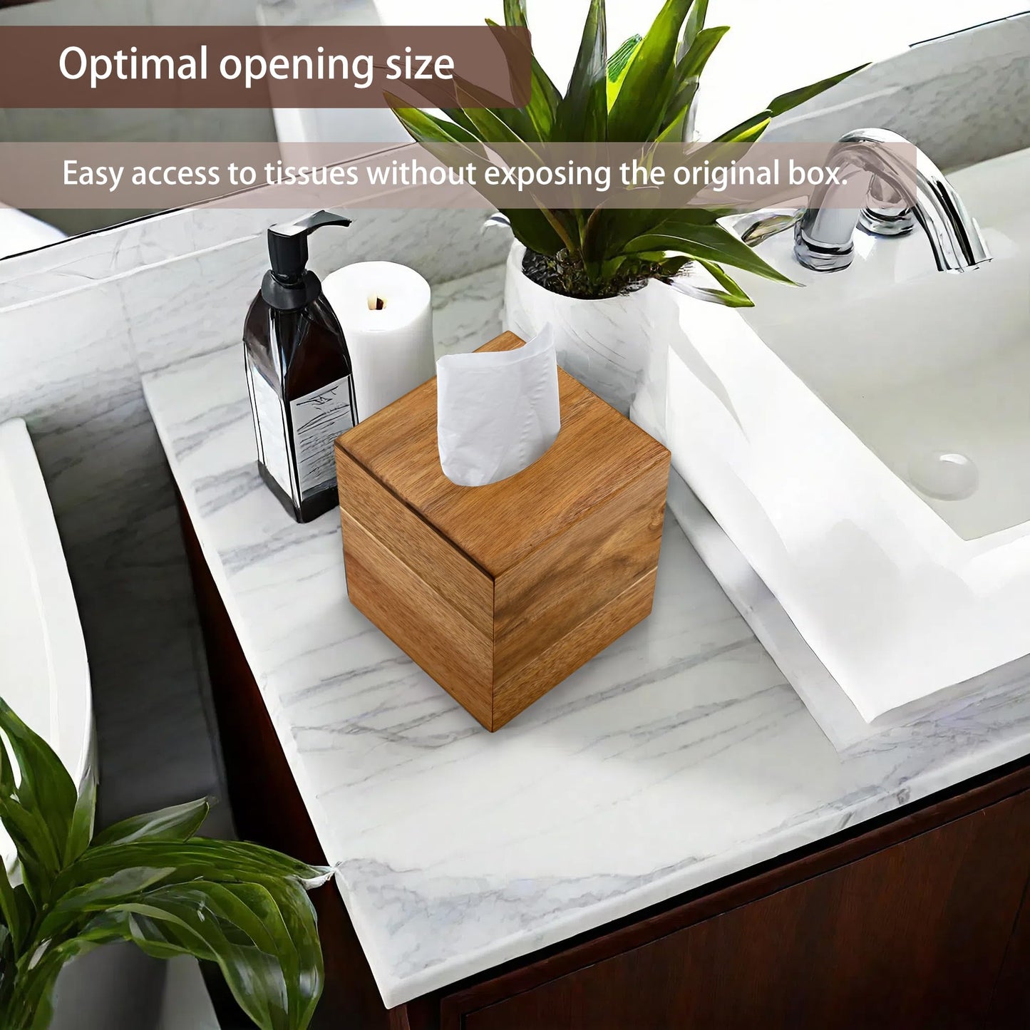 Chicvilla Tissue Box Cover Square, Acacia Wood Tissue Box Holder with Slide-Out Bottom, Wooden Tissue Box Cover Cube for Bathroom, Bedroom, Dinner Table, 5.5 x 5.5 x 6.1 inches