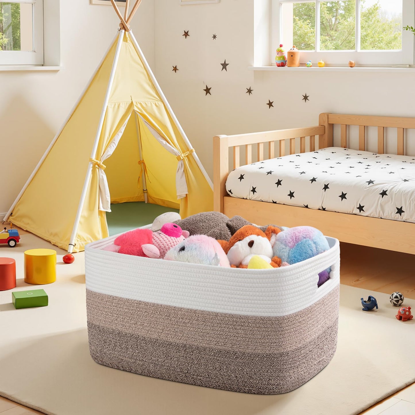 OIAHOMY Large Blanket Basket, 22”x17”x12” Rectangle Woven Baskets, Nursery Blanket Storage Living Room, Toy Storage With Handle, Large Baskets for Organizing-Gradient Yellow