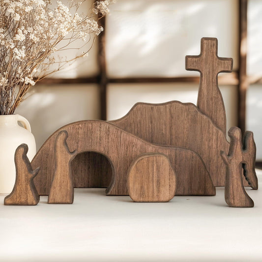 NEROSUN Empty Tomb Easter Scene and Cross Decoration, Wooden Jesus Resurrection Nativity Set, Religious Christian Tabletop Decor for Home Office Christian