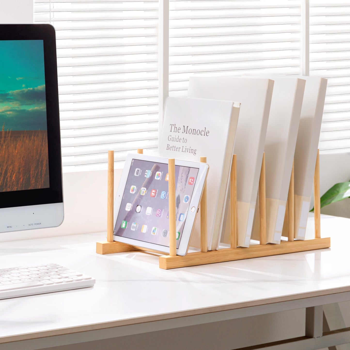 HBlife Desk File Organizer 5 Section Upright File Sorter, 1 Pack Bamboo File Holder for Home, Office & School