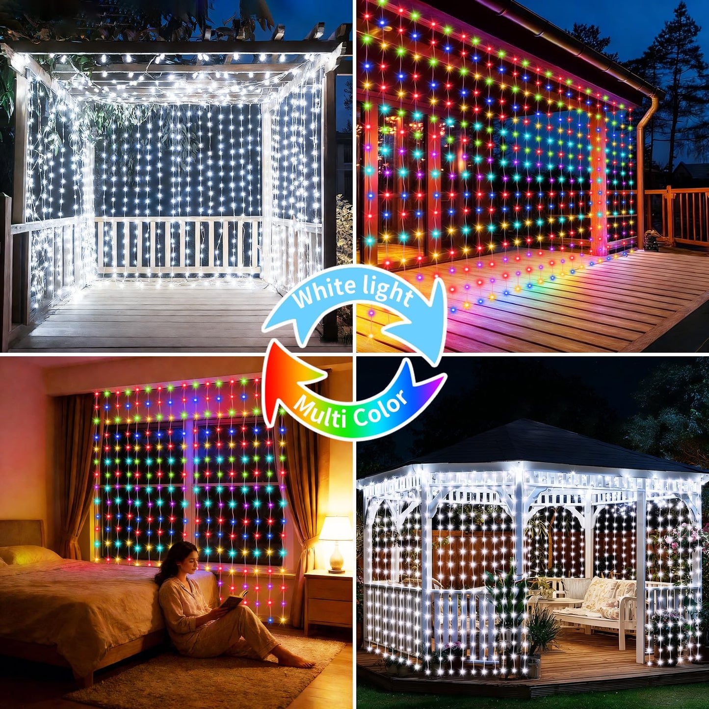 Solar Curtain Lights 10x10Ft 300LED Twinkle Fairy String Lights Multicolor Cool White Dual Color Changing Dimmable Waterproof Remote Timer Memory for Christmas Wedding Pergola Patio Outside