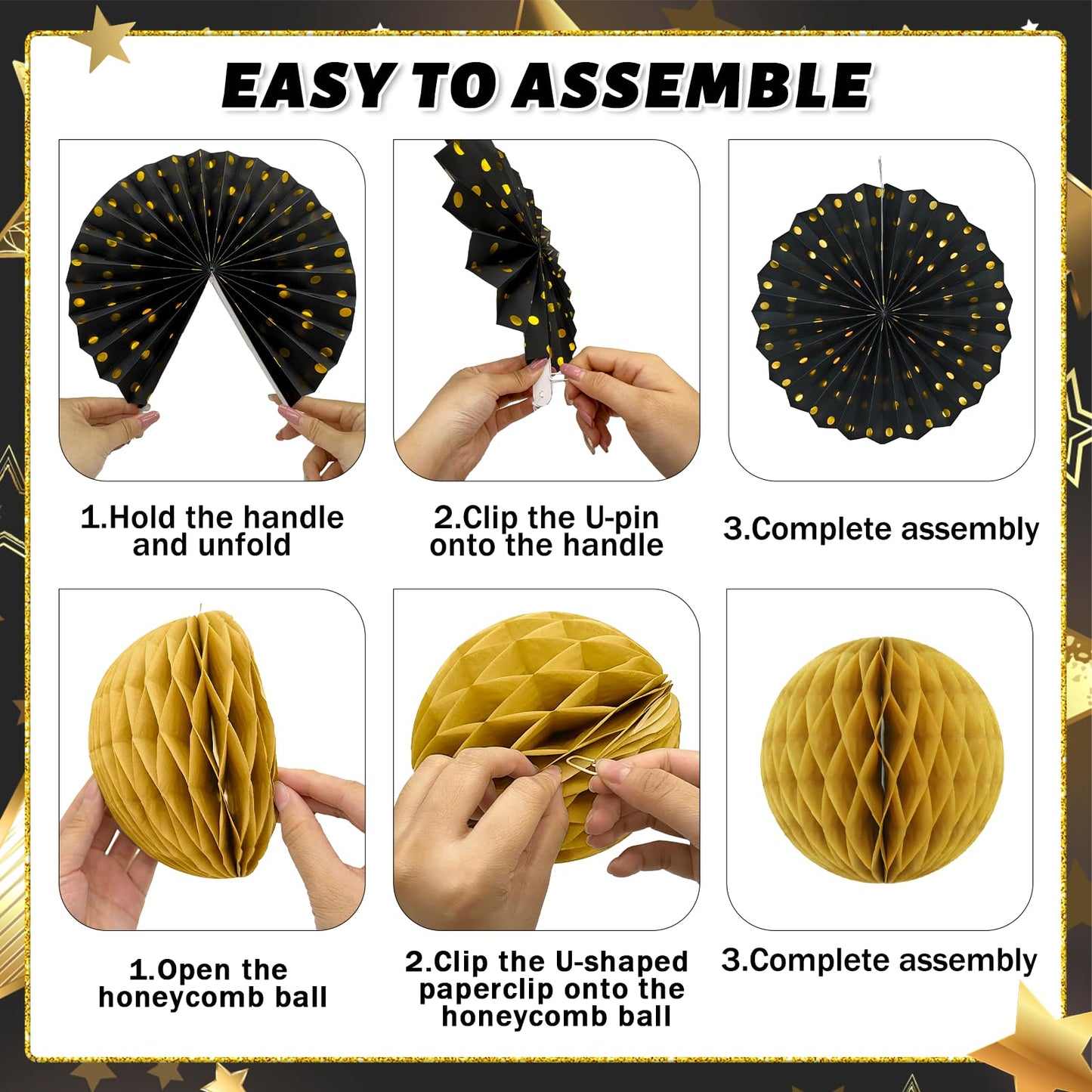 Black and Gold Party Decorations, 13Pcs Hanging Paper Fans Star Foil Curtains Happy Birthday Banner & Honeycomb Balls for Graduation Decorations 2026 and Birthday Party Supplies