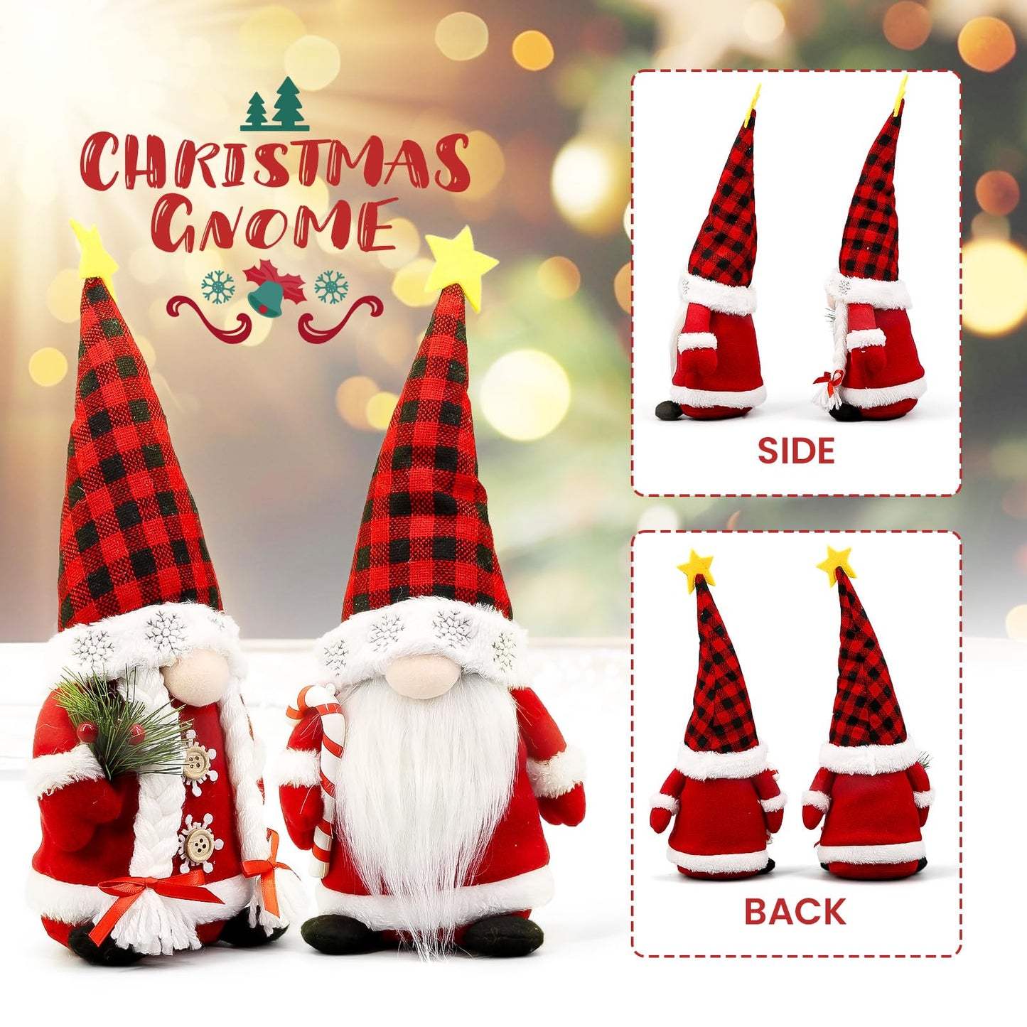 Lovinland Christmas Gnomes Plush Couple with Red Buffalo Check - Xmas Gnomes Elf Tomte Ornaments Doll - Christmas Decorations - Xmas Decorations for Home, Indoor, Office