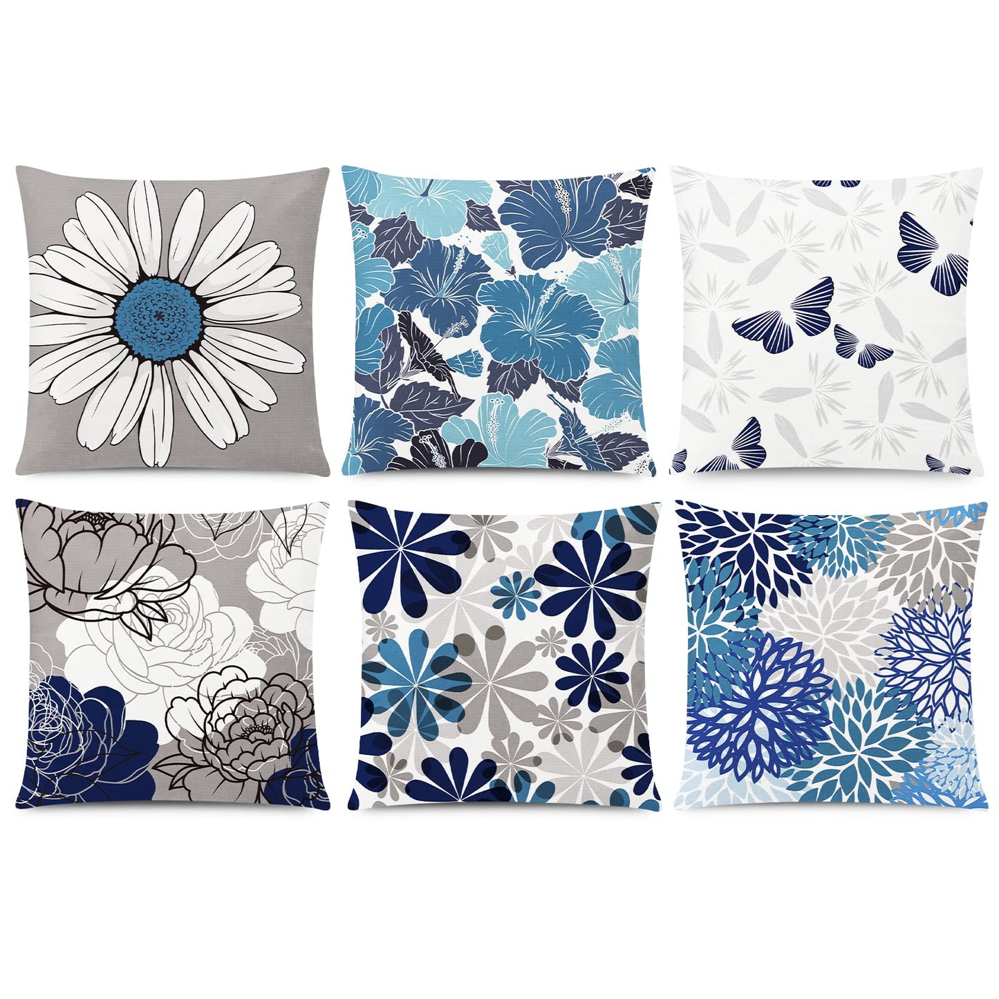 COMMINY Blue Grey Pillow Covers 18x18 Set of 6 Decorative Daisy Flower Throw Pillow Cover for Couch Modern Pillow Case for Patio Living Room Cushion Bed Farmhouse Home Decor