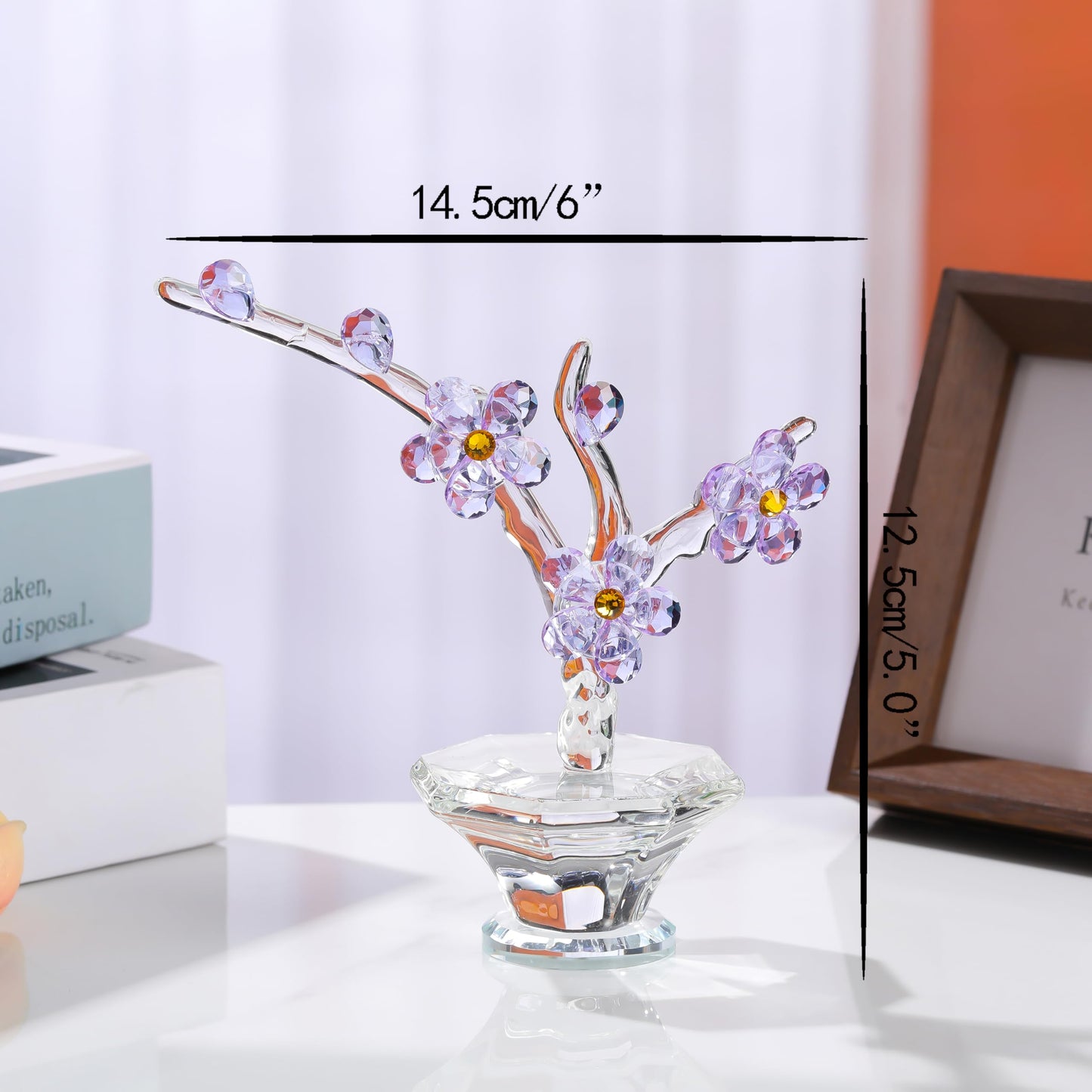 Purple Cherry Blossom Crystal Flowers with Stems - Glass Flowers with Vases Japanese Cherry Gifts Decor for Wife Girlfriend Women - Crystal Collectible Home Table Decor for Valentines Wedding Gifts