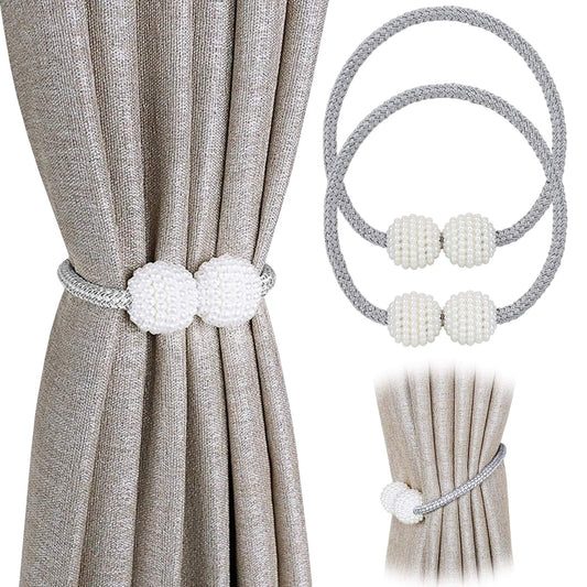 Pinowu [2 Pack] Magnetic Curtain Tiebacks Convenient Drape Tie Backs,Pearl Decorative Rope Holdback Holder for Small, Thin or Sheer Window Drapries (Gray)…