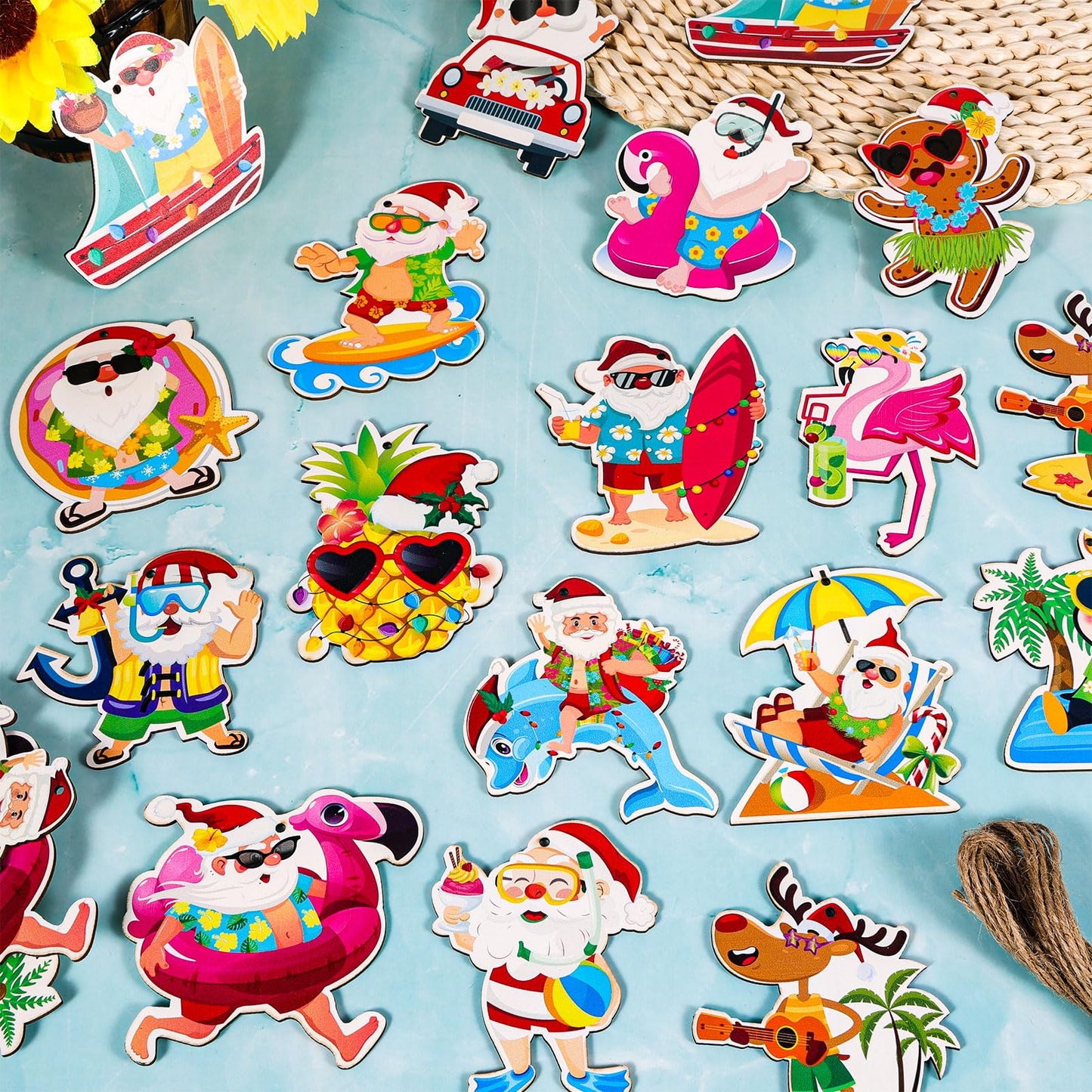 HOWAF 32pcs Hawaiian Christmas Ornaments for Tree, Christmas Decorations Hanging Ornaments Flamingo Santa Claus Wood Cutouts with Rope for Summer Beach Santa Palm Trees Decoration