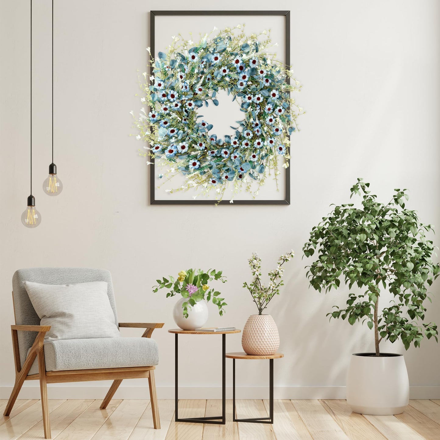 Sggvecsy Blue Daisy Wreath 24 Inch Spring Summer Fake Silk Floral Wreath with Green Eucalyptus Leaves and Lavender for Front Door Window Wall Wedding Farmhouse Festival Decor
