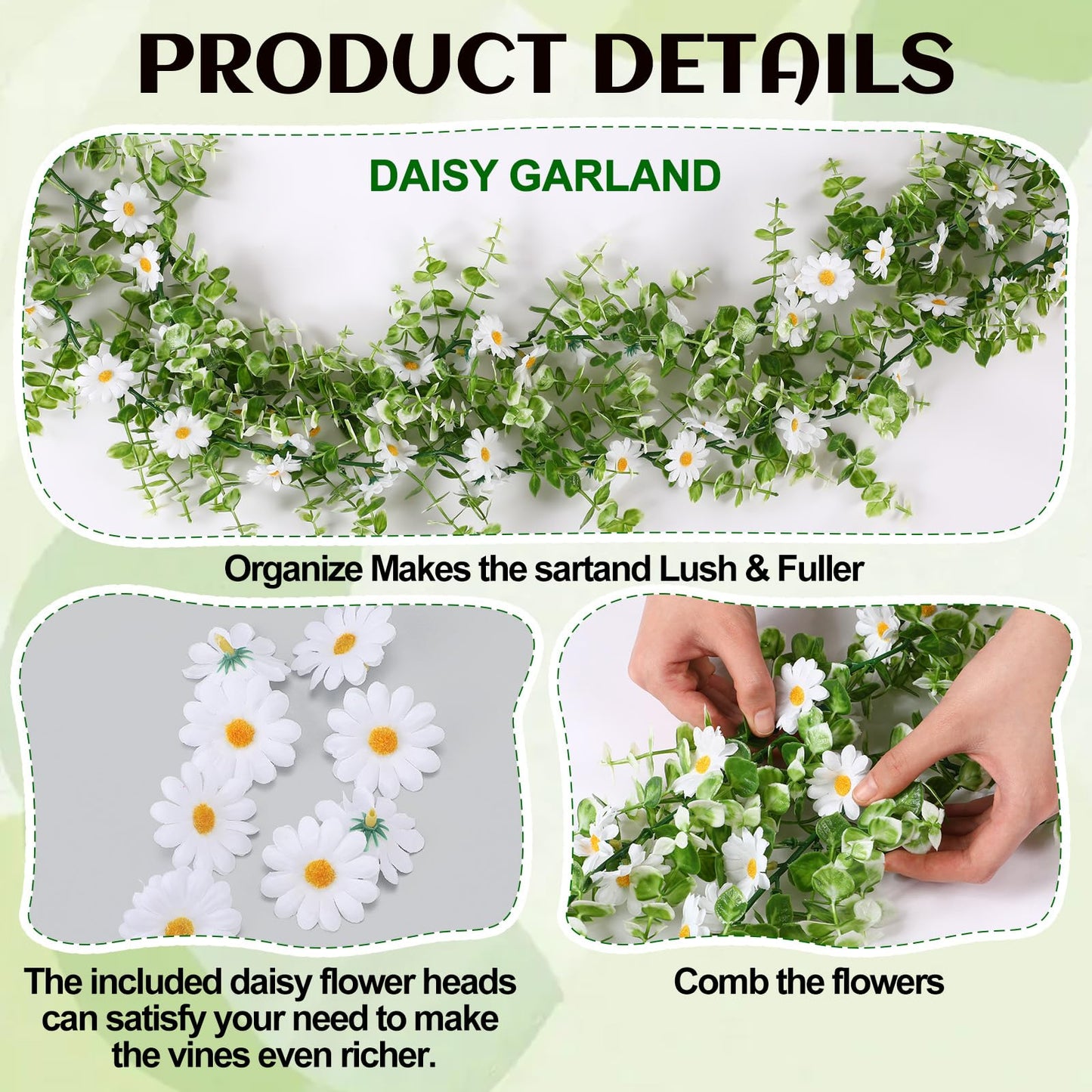 Norme 2 Pcs 6 Ft Artificial Daisy Garland with 100 Fake Flowers Hanging Vine Spring Garland Floral for Decorating Wedding Baby Shower Summer Window Mantle Staircase Farmhouse Table Centerpiece(White)
