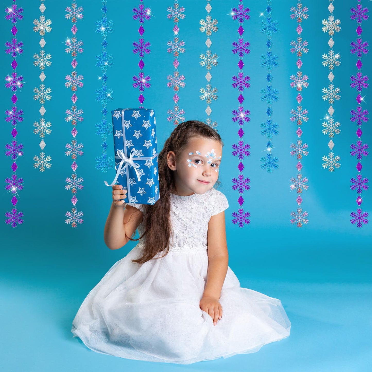CroBlissful 8 Pack Winter Christmas Hanging Snowflake Decorations Blue Purple Glitter Snowflake Garland Decorations Banner Backdrop for Winter Christmas Wonderland Home New Year Holiday Party