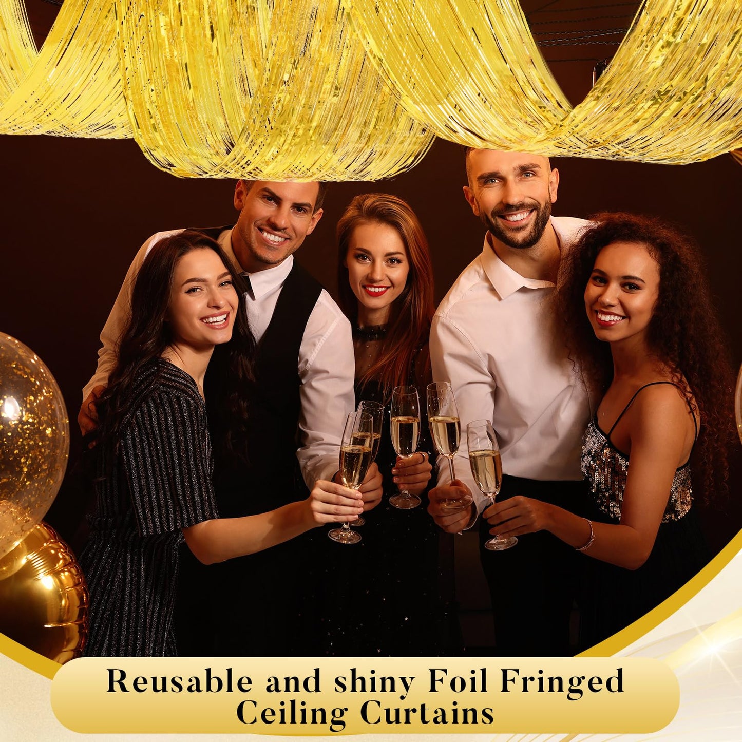 Breling 4 Pcs 15ft Gold Metallic Foil Ceiling Fringe Curtains for Bachelorette Party Decorations, Fringe Ceiling Drapes for Wedding Engagement Bridal Shower Birthday Party Engagement Decor