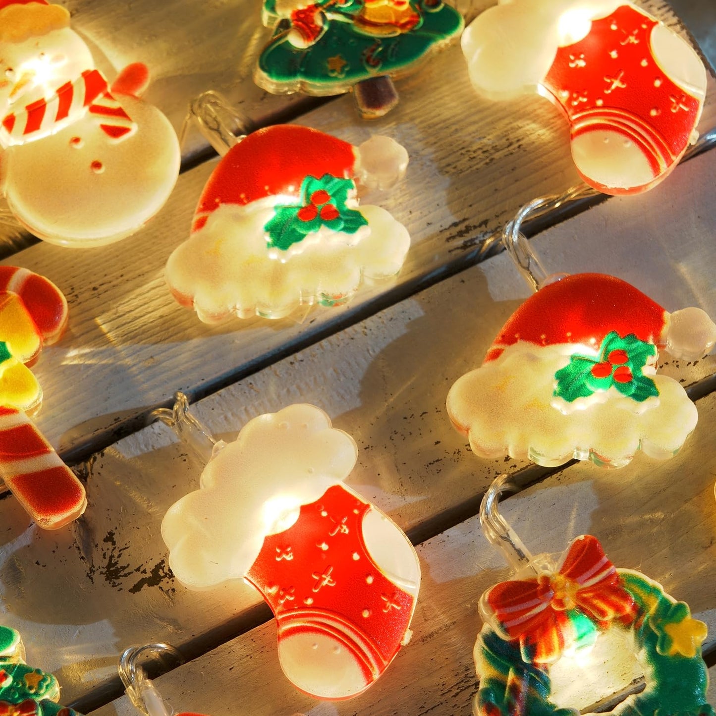 LOLStar Christmas Fairy String Lights, 20 LED Xmas Warm White Lights Hanging Decors with Santa Claus Wreath Tree Snowman Candy Cane Hat Stockings Battery Operated Indoor Window Lights for Party Home