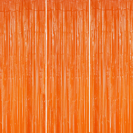 DECOCKRAT 3 Pack Foil Fringe Backdrop - Orange Shiny Tinsel Curtains for Party Decoration/Photo Booth Props - 3.3x8.2 FT Metallic Foil Backdrop for Birthday, Wedding, Graduation, Christmas.