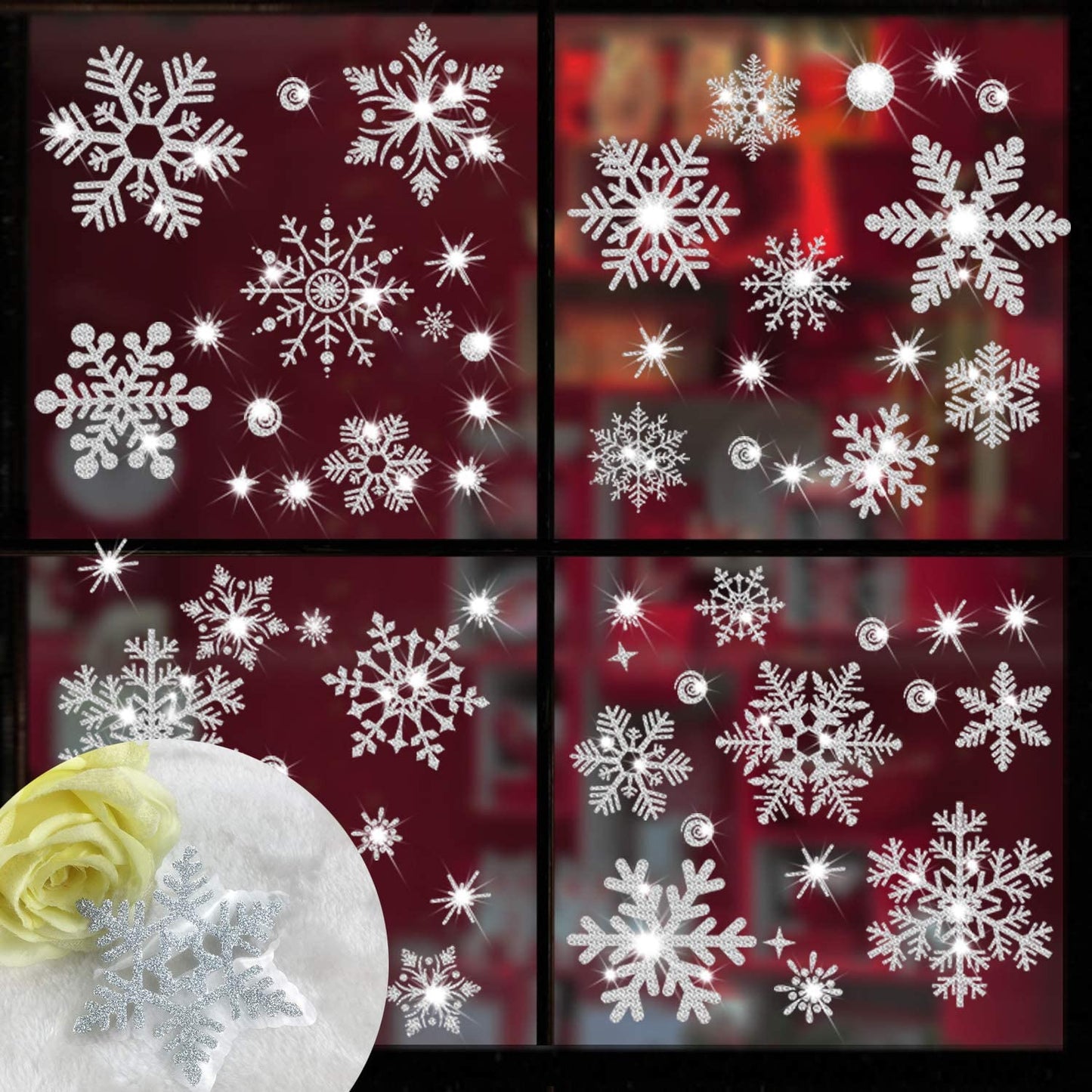 Glitter Snowflake Window Clings, 147PCS Silver Sparkling Christmas Window Clings Winter Wonderland Decorations for Home Christmas Party (Glitter Snowflake)