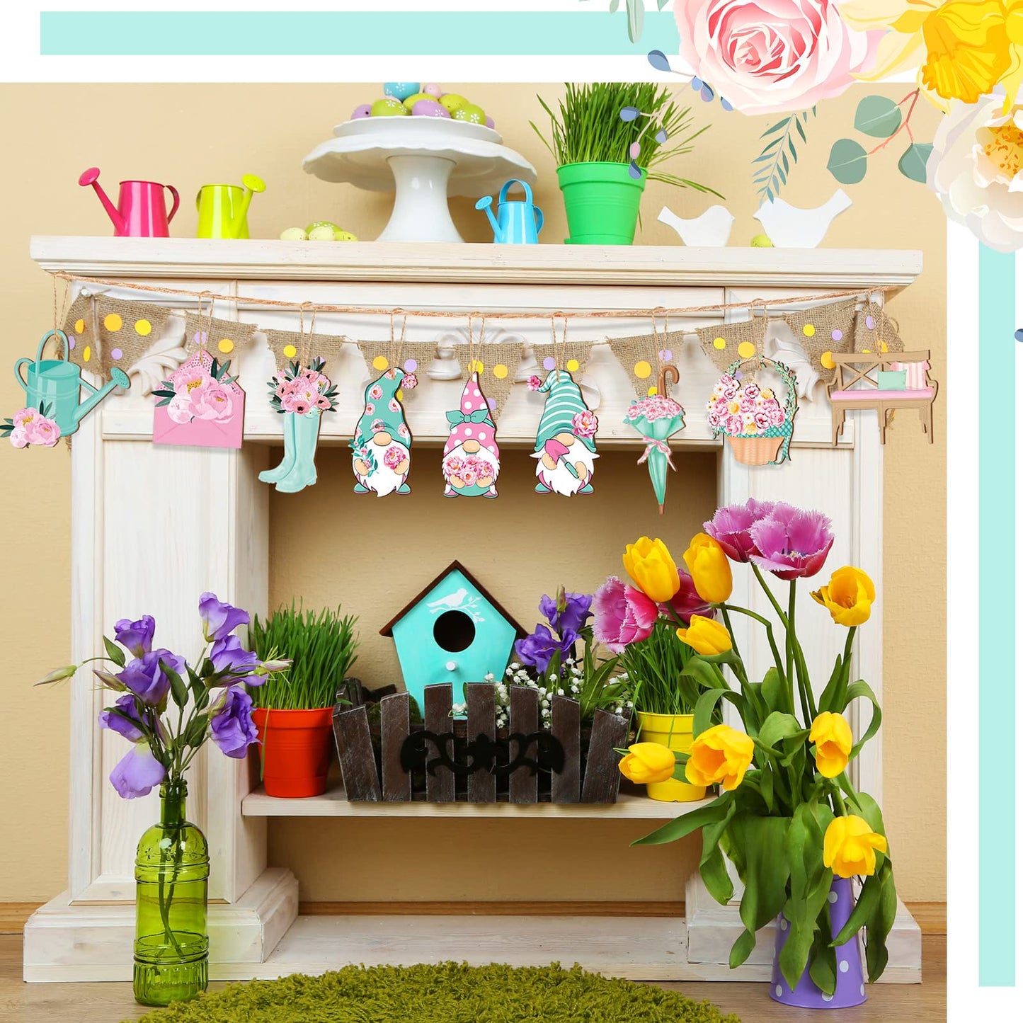 Maitys 36 Pcs Spring Flower Wooden Ornaments Sunflower Tulip Easter Tree Decoration Floral Gnome Hanging Wood Cutout Pastel Spring Decor for Home Small Tree Party(Dreamy)