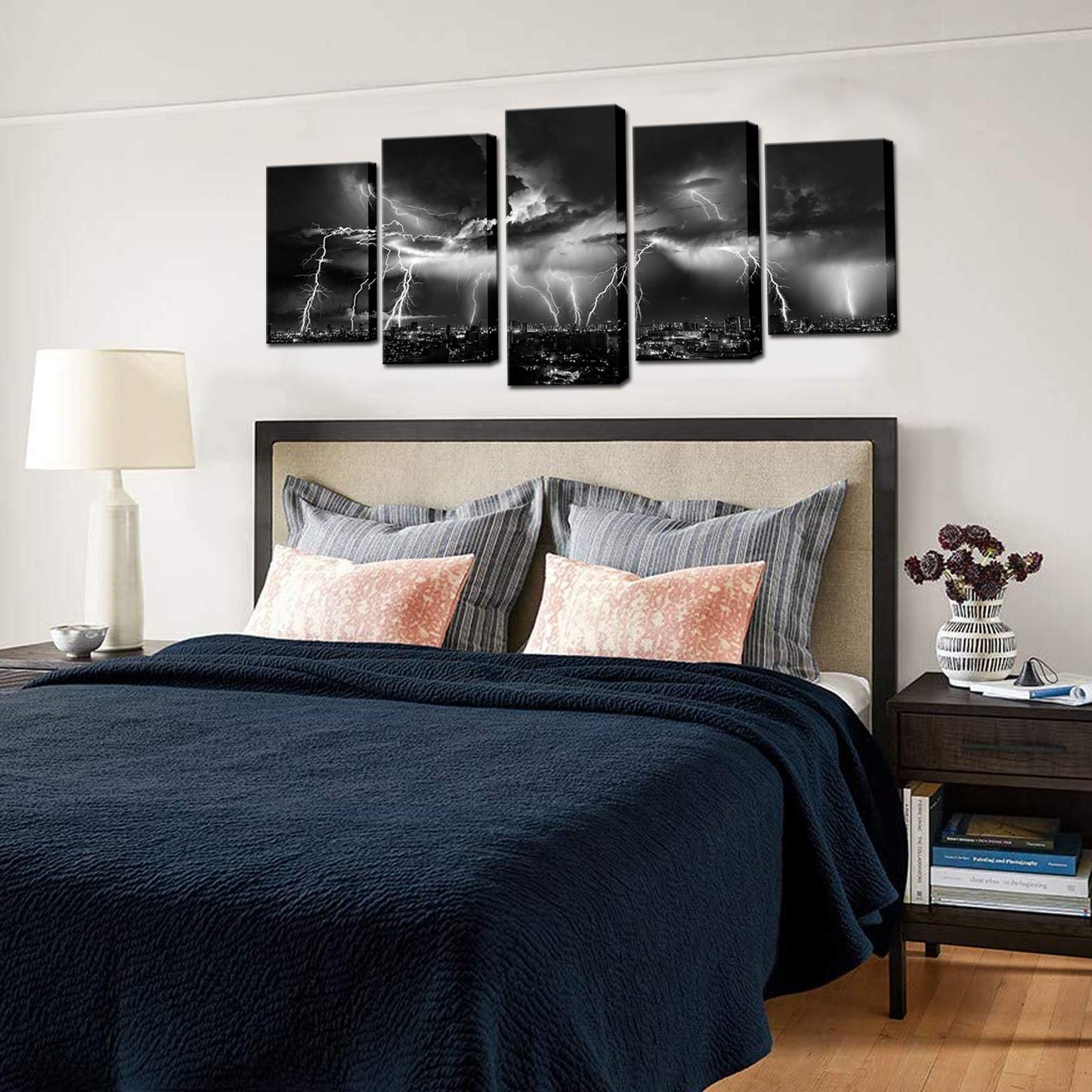 Biuteawal - Black and White Wall Art Nature Lightning Strikes in The Clouds Painting on Canvas Storm and City Night View Picture Print for Home Office Living Room Decoration Wall Decor