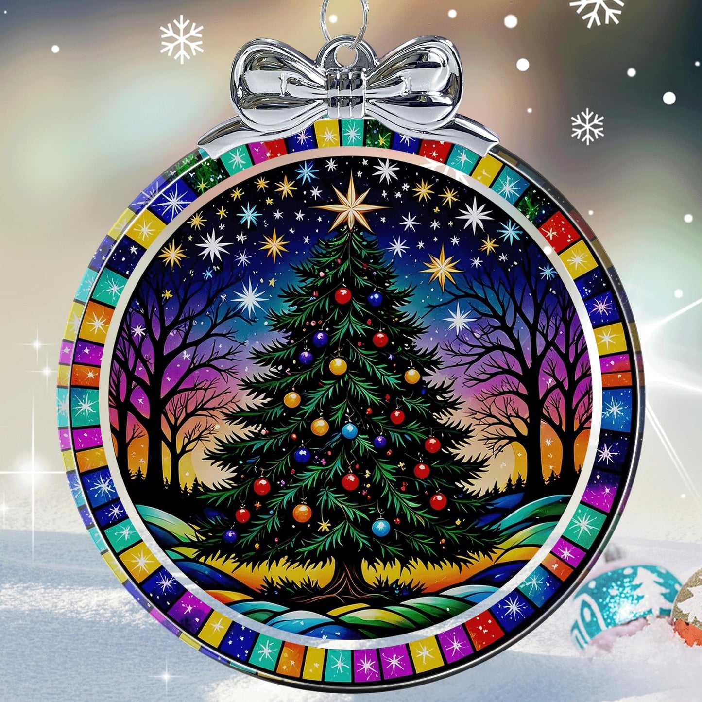 Starry Night Christmas Tree Stained Glass Christmas Ornament - Hanging Ornaments for Christmas Tree Decorations - Holiday Keepsake Present Exchange Idea