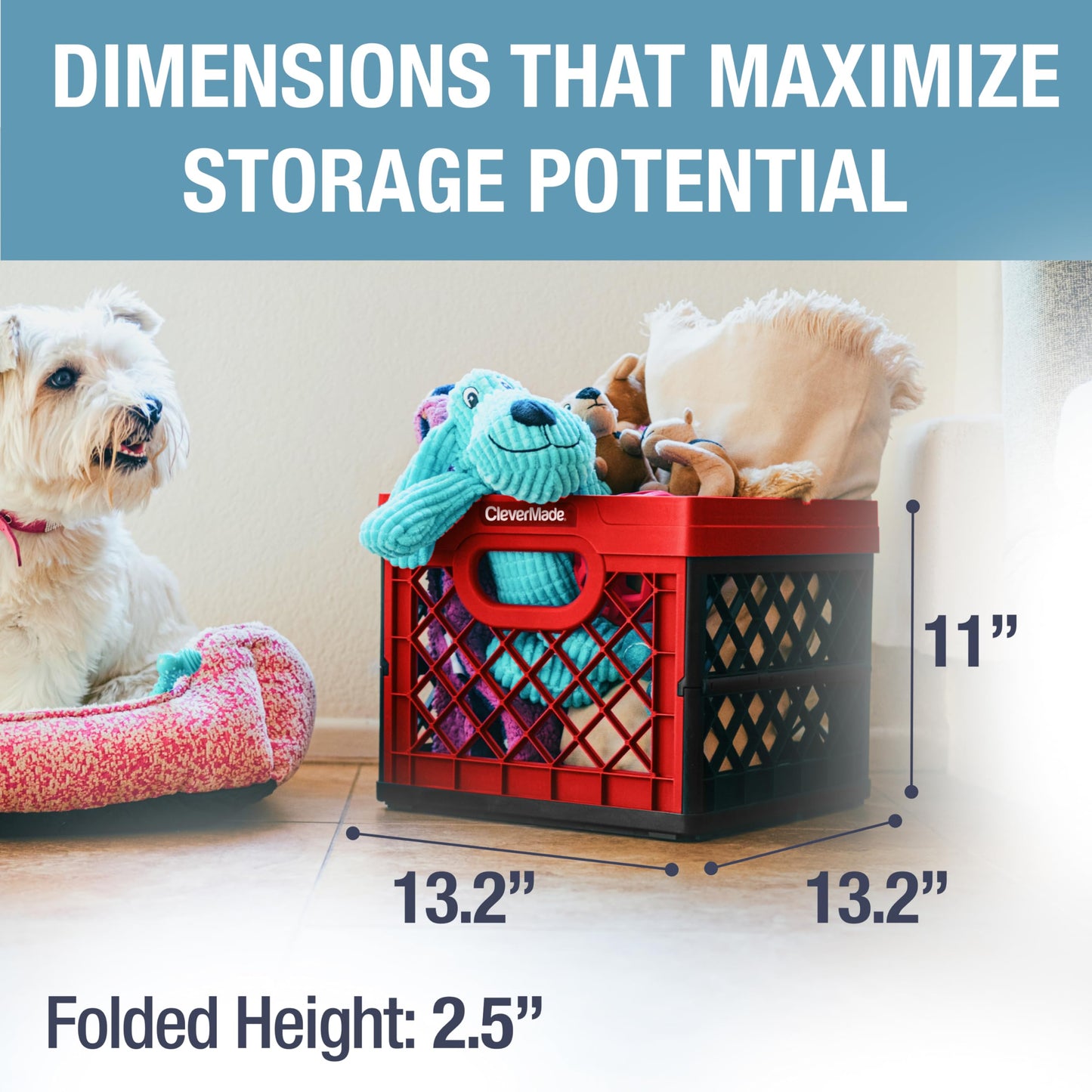 CleverMade Collapsible Milk Crate 25L (6.6 Gal), 50 lb Capacity Heavy Duty Folding Crate – Stackable Storage Crates with File Rails, Plastic Collapsible Crates - Red