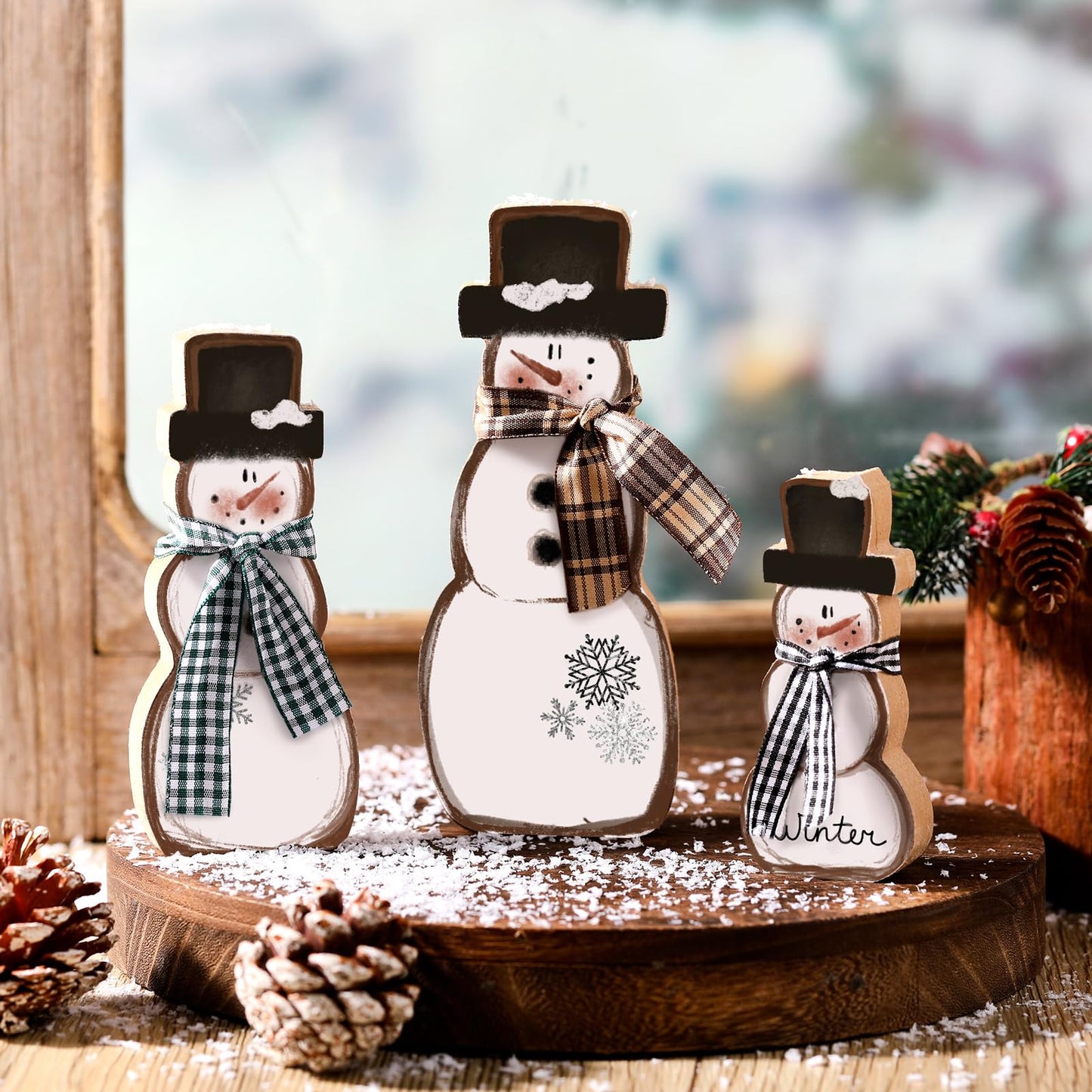 Suzile 3 Pcs Winter Table Decorations Wooden Centerpiece Block Signs Tiered Tray Desktop Figurine for Indoor Fireplace Mantel Home Decor Holiday Xmas(Brown,Snowman)
