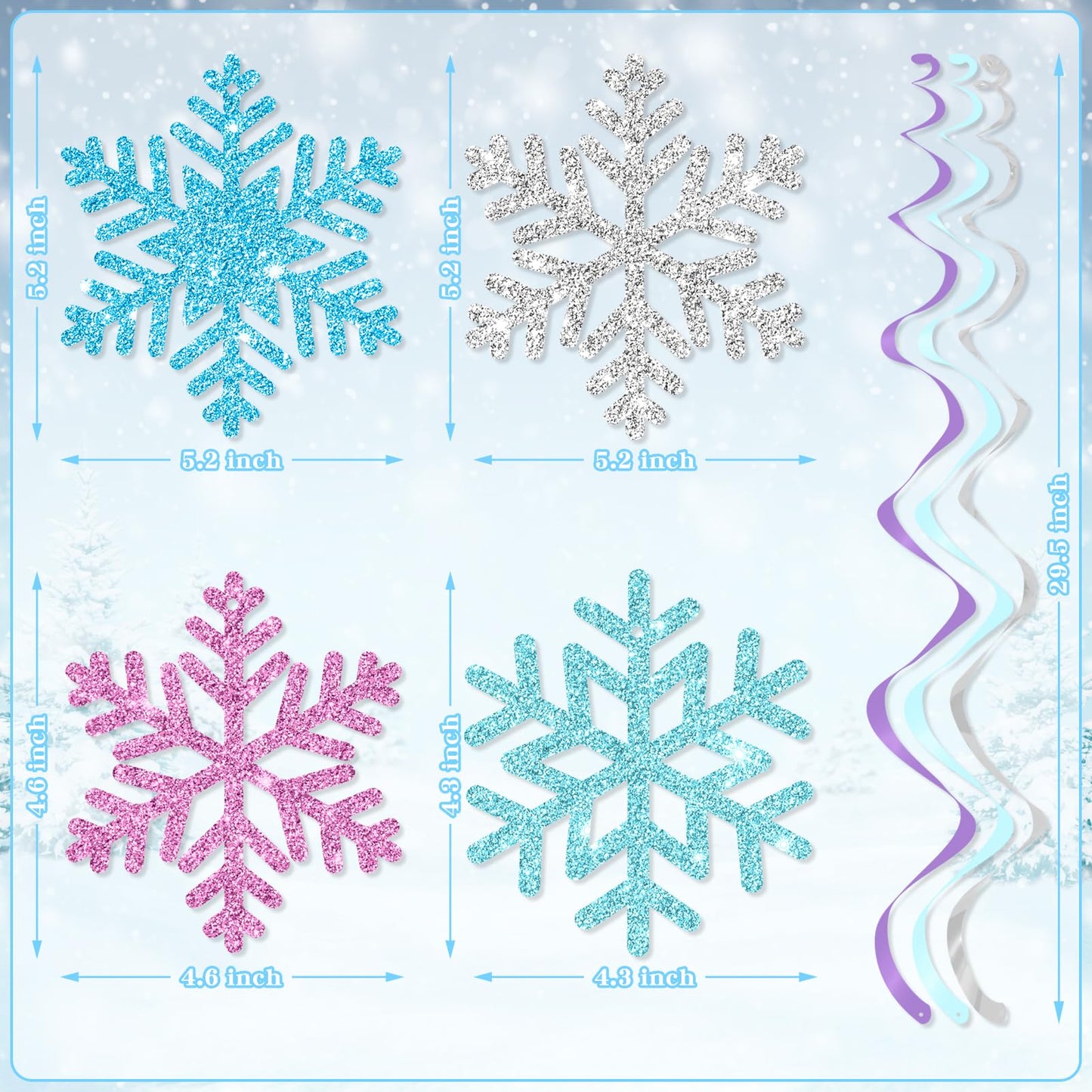 Snowflake Hanging Decorations, Winter Party Hanging Swirls Ceiling Streamers Purple Blue White Glitter Snowflakes Garland for Winter Wonderland Baby Shower Birthday Christmas Party Decorations