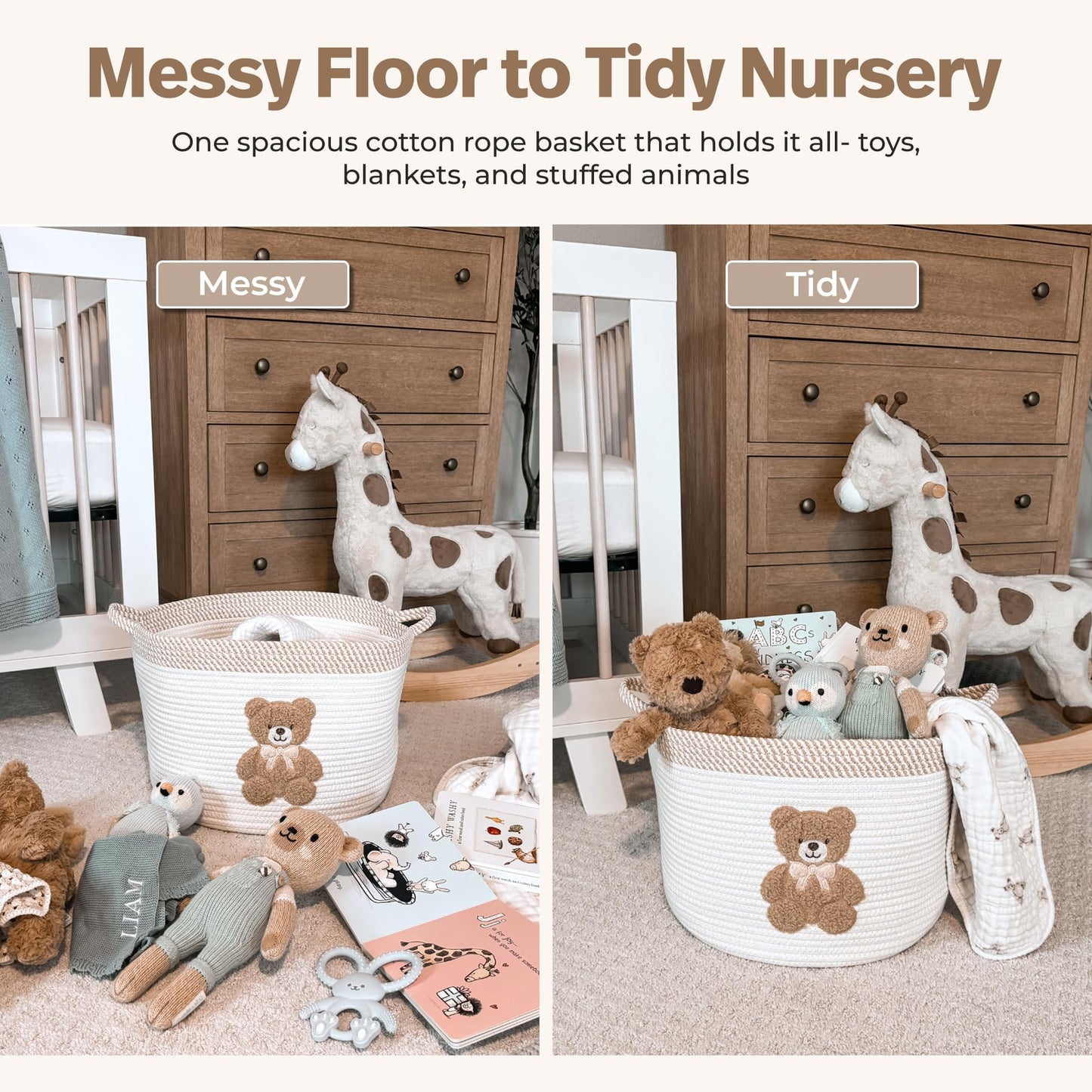 Teddy Bear Storage Basket for Nursery – Large 15"x11" Cotton Rope Bin with Soft Embroidered Bear Patch – Gender Neutral Toy Organizer, Baby Laundry Hamper, Blanket & Diaper Holder
