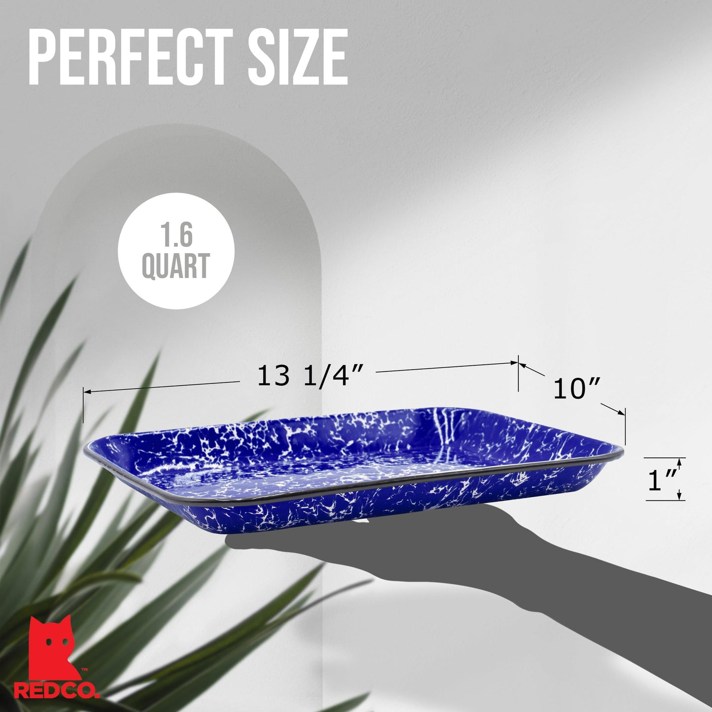 Red Co. 13.5” x 10” Enamelware Metal Classic 1.6-Quart Rectangular Serving Tray, Navy Blue Marble/Black Rim – Splatter Design