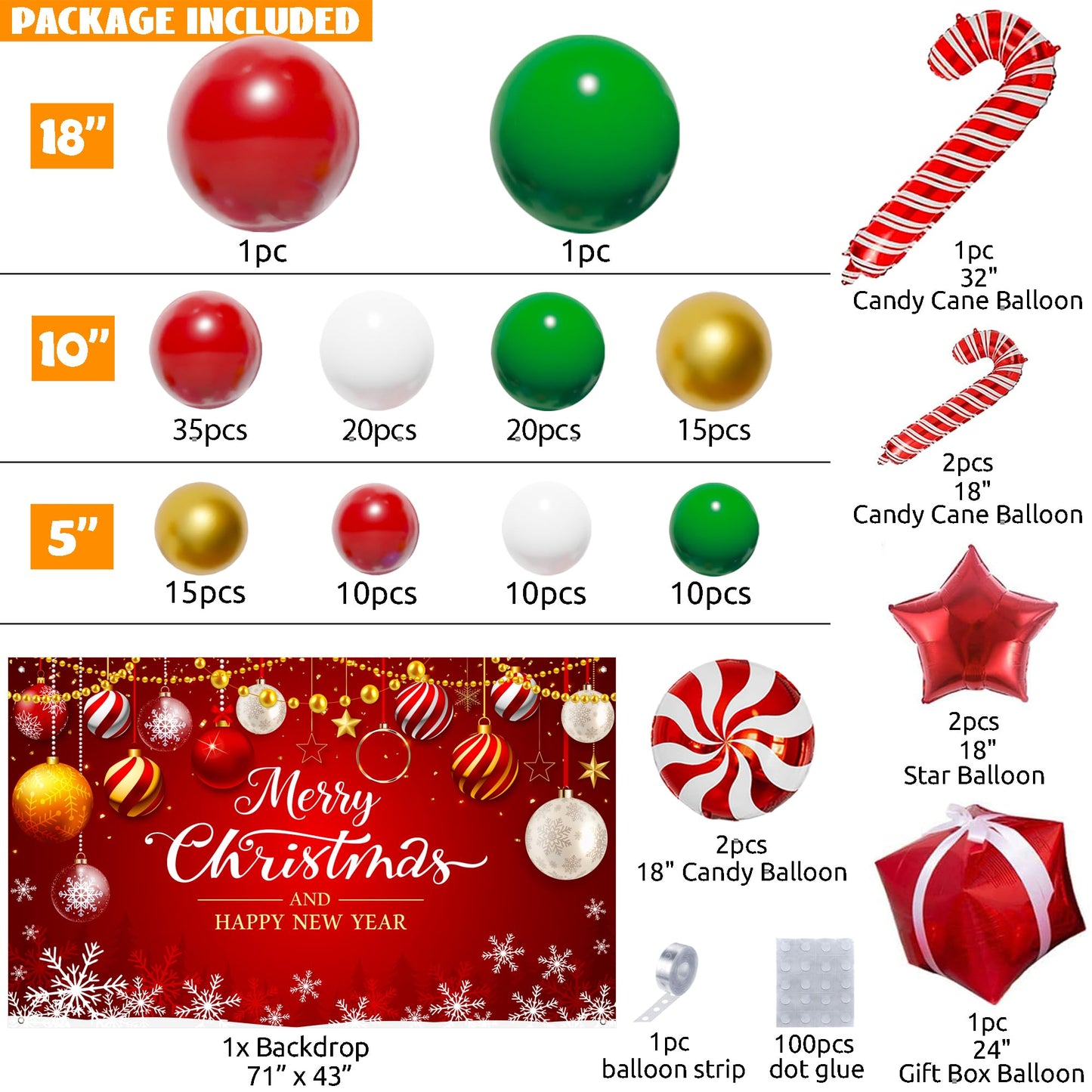 Christmas Balloon Arch Kit, 163PCS Christmas Party Decorations with Large Backdrop for Photography, Red Green Gold, Candy Cane, Red Star, Gift Box Foil Balloons for Party Decor