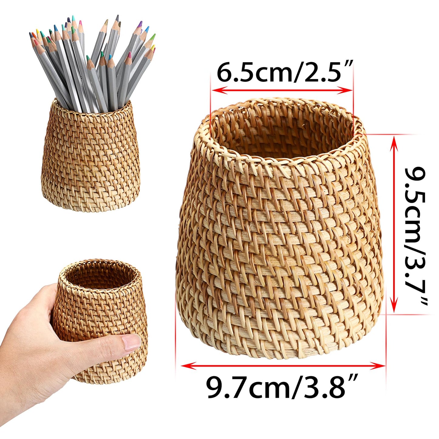 BTSKY 3 Pack Rattan Pen Cup, Handmade Desk Pencil Holders Makeup Brush Holder Multi-Functional Woven Basket Office&Home Desktop Organizer (Cone)