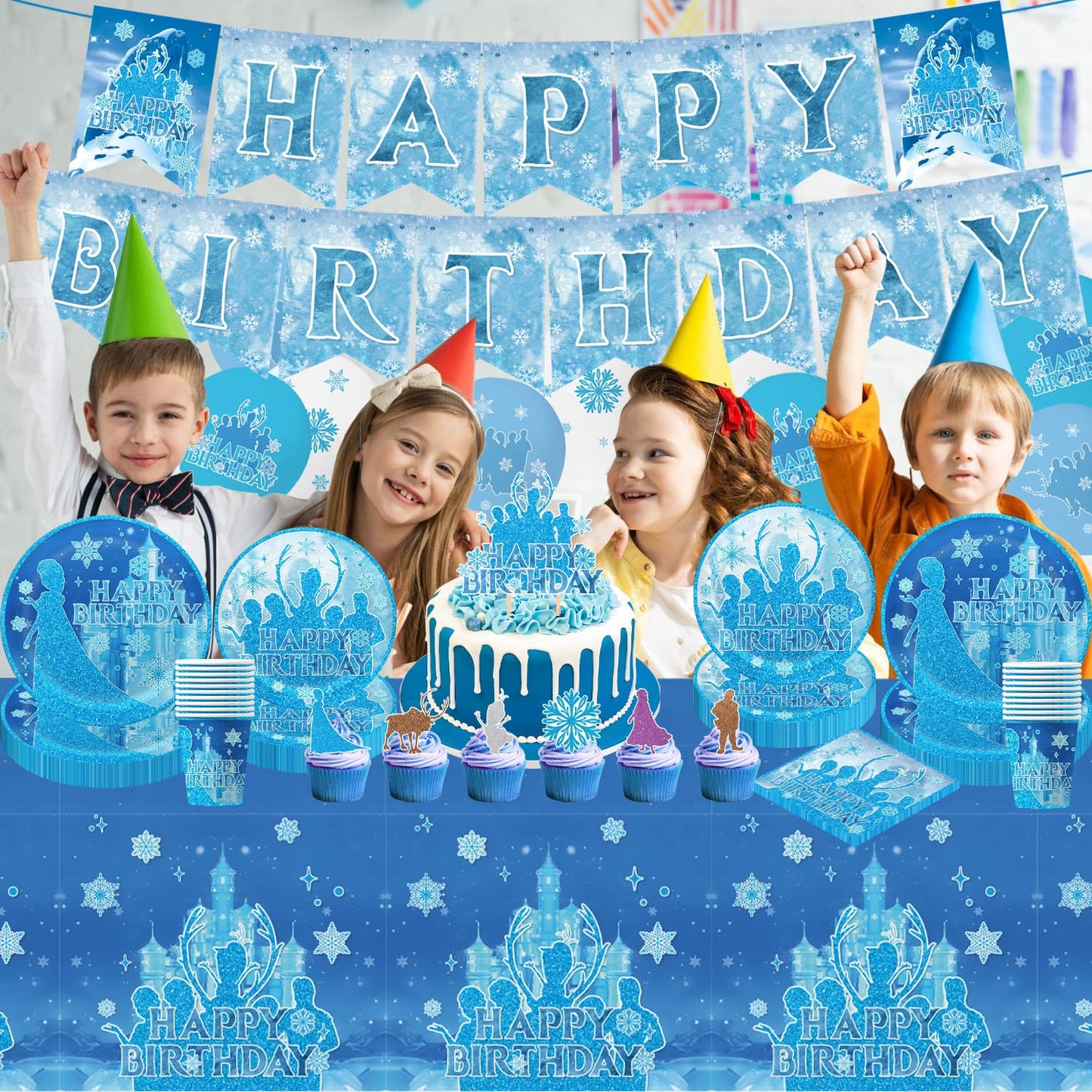 tetcuican 104Pcs Frozen Birthday Party Decorations, Snow Theme Party Supplies Set Include Banner, Balloons, Tablecloth, Cake Toppers, Cupcake Toppers, Plates, Napkins for Winter Birthday Decorations