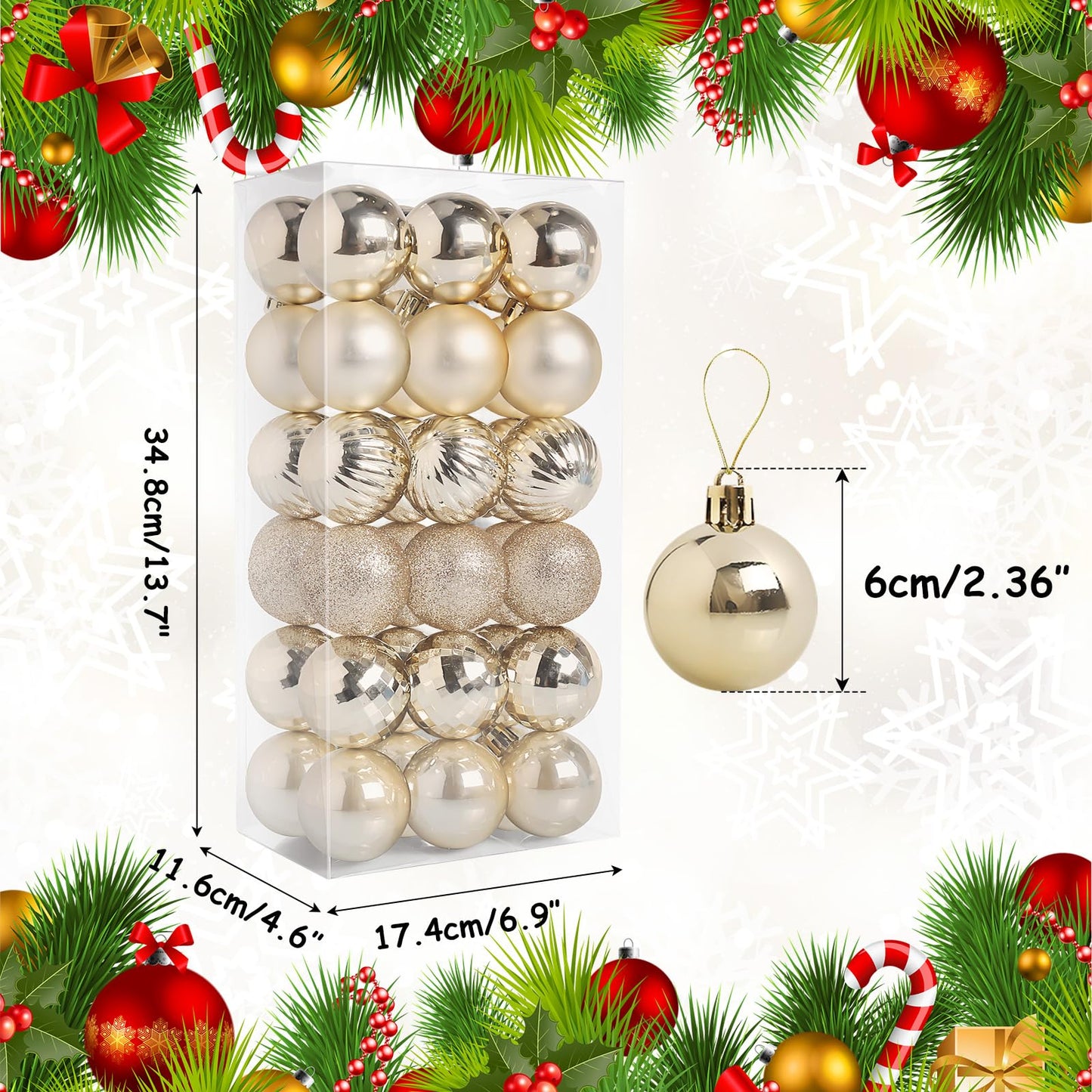 TranquilBliss 36 Pcs-2.36" Christmas Ball Ornaments, Shatterproof Hanging Balls, Tree Decorations for Xmas Tree, Wreath Decor, Holiday Part, Champagne