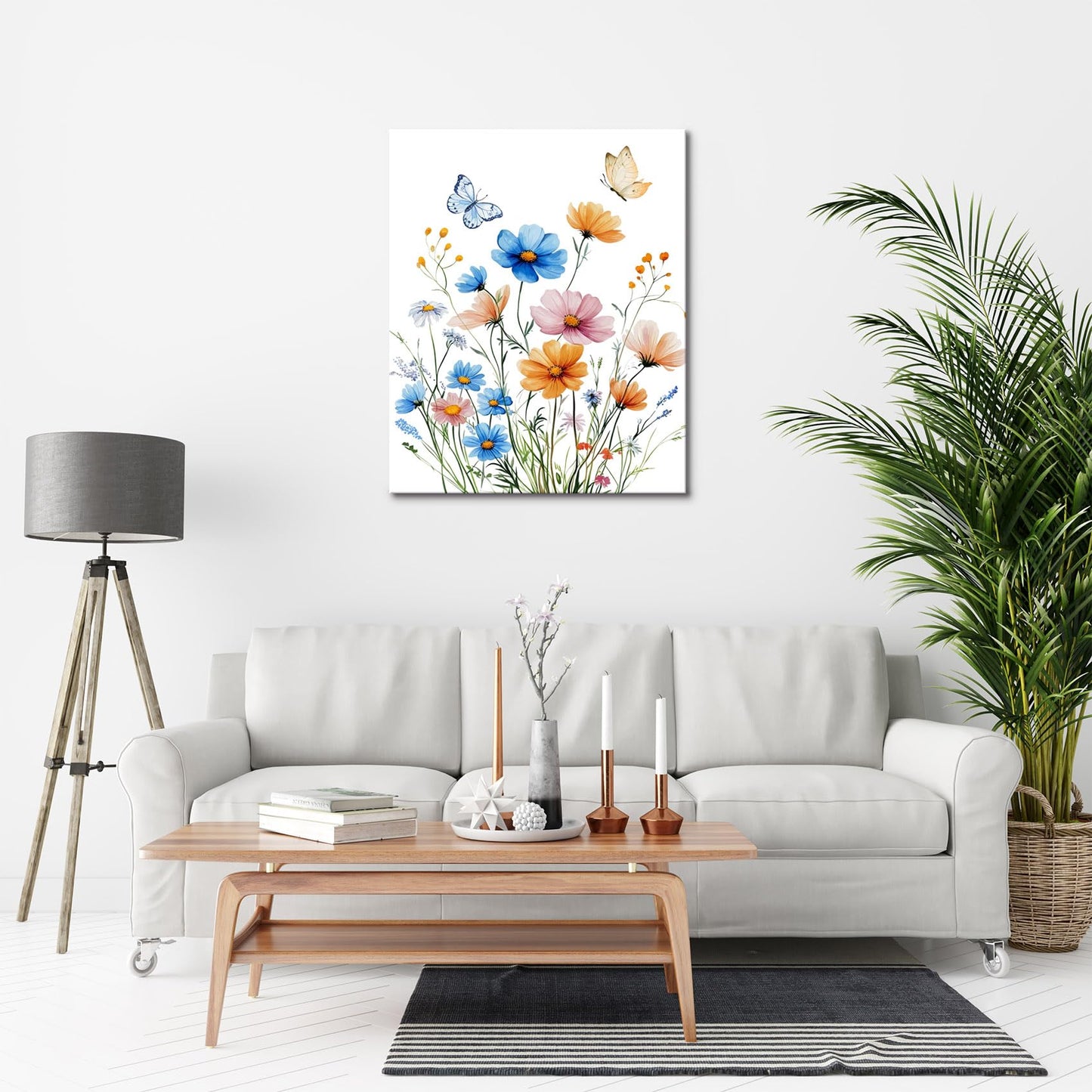 RASEONG Spring Floral Wall Art for Livingroom, Blue and Pink Flower Nature Plant Wall Decor Rustic Wildflower Wall Decor for Bathroom Office Bedroom, 12W x 16L Inches