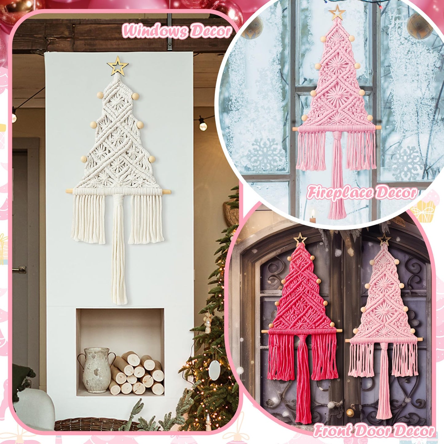 HunnmingRe Pink Christmas Tree 3 Set Macrame Christmas Wall Decoration Hanging Ornaments Boho Wall Decor for Party Supplies(Beige, Light and Dark Pink)