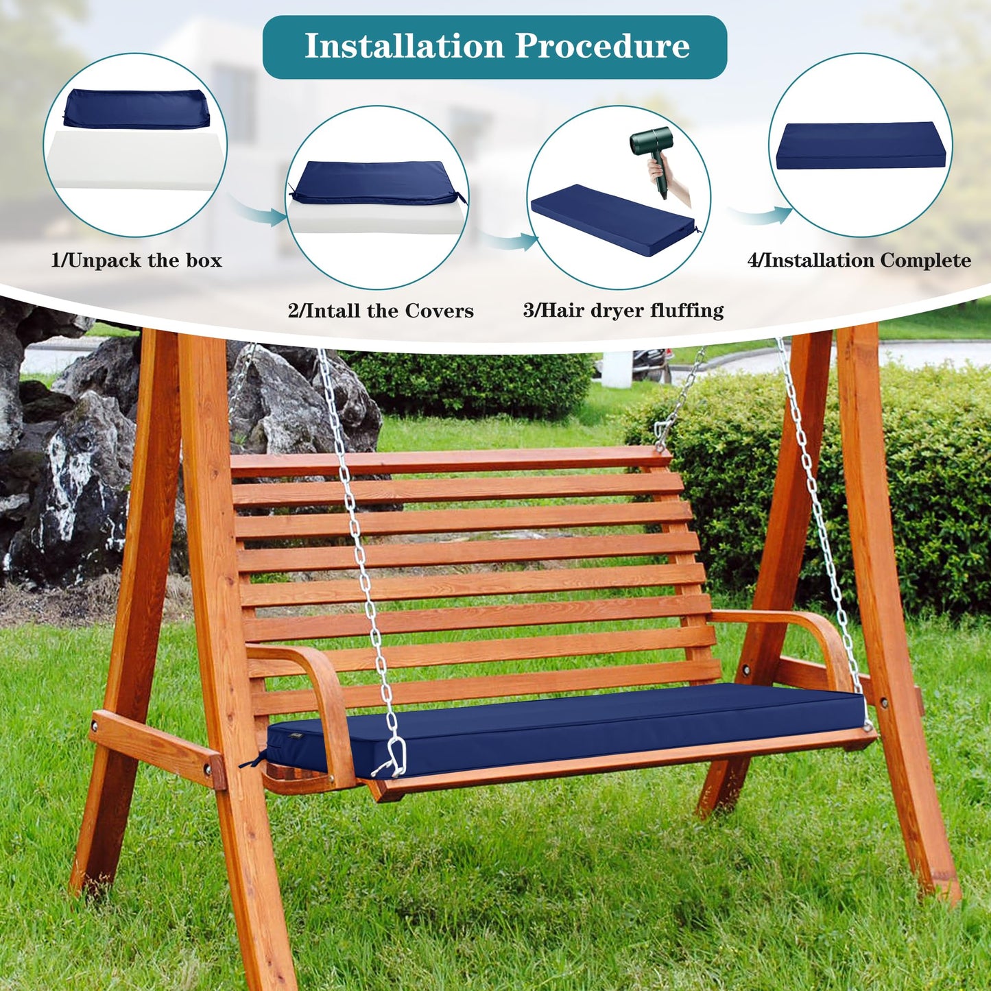 Comcaver Outdoor Bench Cushions 48 x 18 Inch Thick Waterproof Porch Swing Cushions with Tie Patio Furniture Chair Cushion Bench Pad 5 Year Color Fastness Backyard Seat Pads Navy
