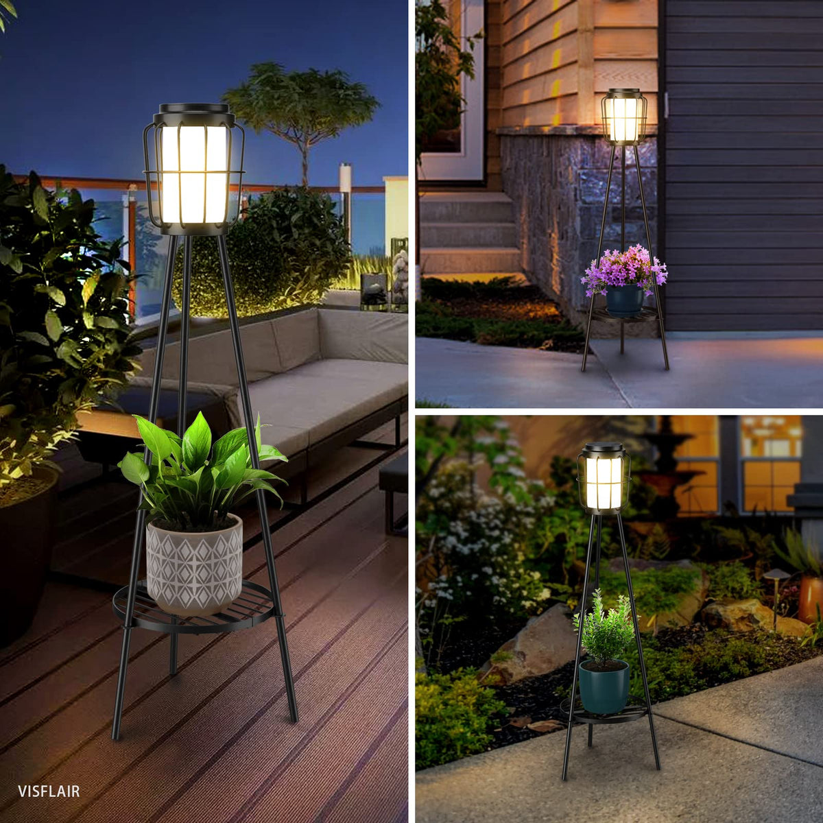 VISFLAIR 2 Pack Solar Lights with Plant Stand, Outdoor Floor Lamps, Waterproof Solar Powered Floor Lamps for Patio Deck Porch Yard Garden Decor