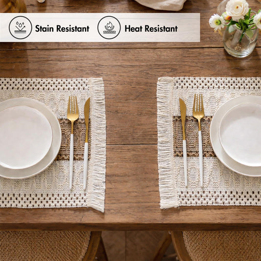Ruvanti Cloth Placemats Set of 6 – 17.5"x12" Blend of Cotton, Polyester & Jute, Woven Placemats Washable Fabric, Table Mats Perfect for Farmhouse Kitchen, Parties, Holidays - Tobacco Band