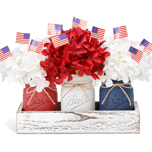 Patriotic Table Decorations, Memorial Day Decor, 250 Anniversary USA Patriotic Mason Jars with Mini American Flags, 4th of July Decorations, Red White and Blue Decor, Patriotic Themed Party Decoration