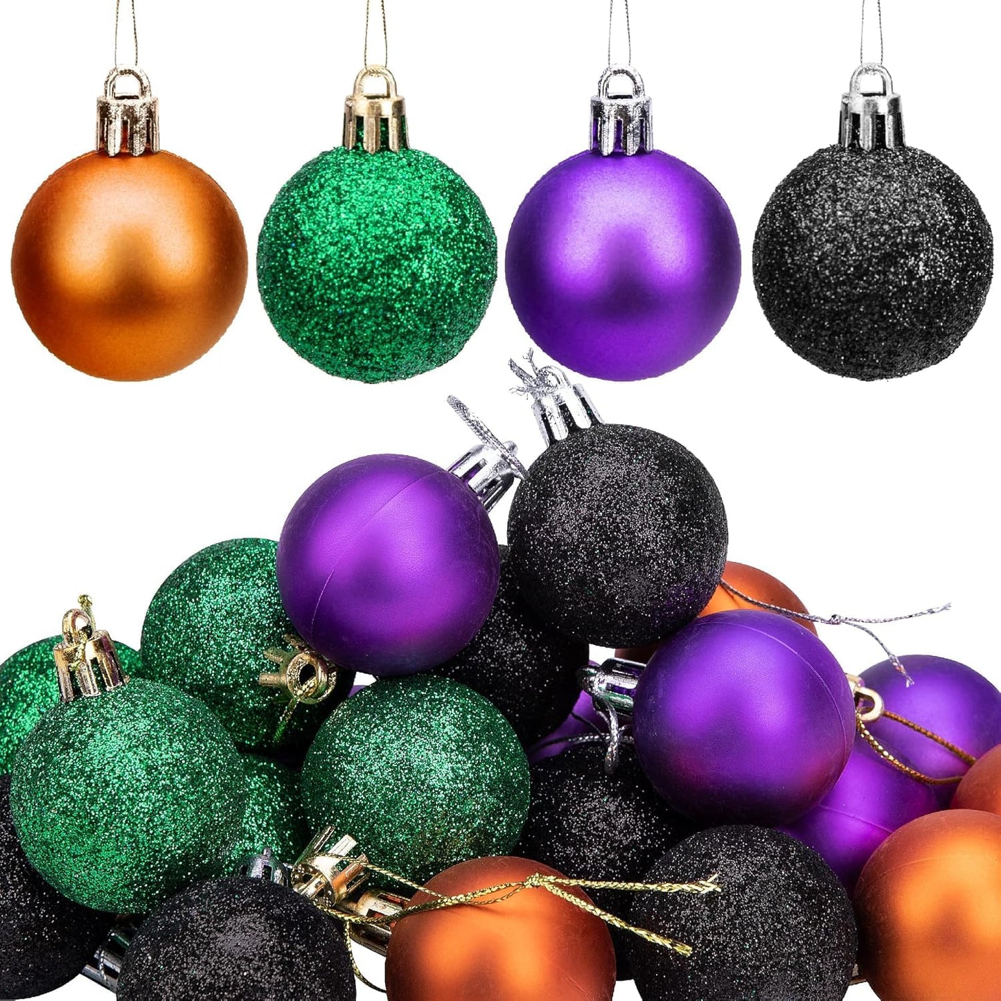 Deloky 24 Pcs Halloween Glitter Balls Ornaments, 1.6 Inch Halloween Shatterproof Hanging Balls, Black Orange Purple Green Shiny Ball Tree Ornaments for Halloween Christmas Party Tree Decoration