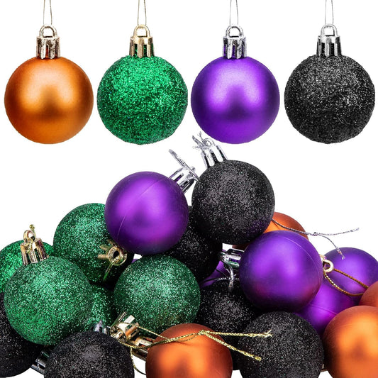 Deloky 24 Pcs Halloween Glitter Balls Ornaments, 1.6 Inch Halloween Shatterproof Hanging Balls, Black Orange Purple Green Shiny Ball Tree Ornaments for Halloween Christmas Party Tree Decoration