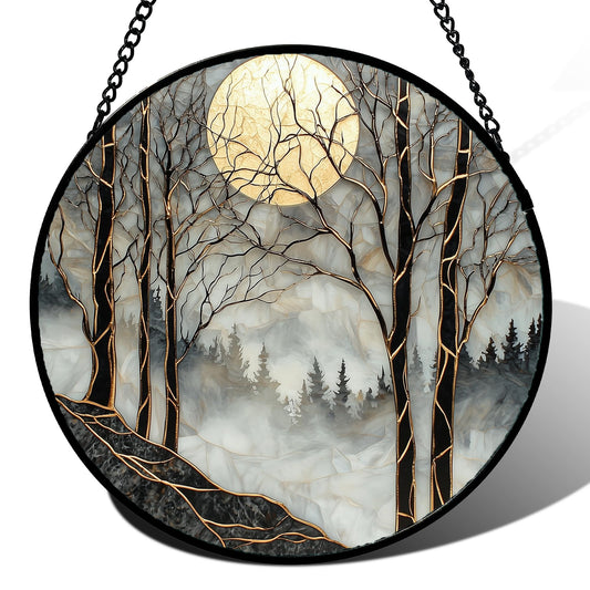 AMDERVEN Stained Glass Window Hanging - Black and White Gold Moon Forest Sun Catcher for Door Home Decor Suncatcher Christmas Mother's Day Birthday Gifts for Women Men Lovers Mom Nana 11.8 in