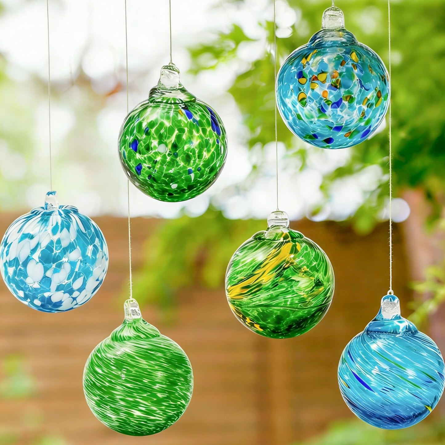 JarThenaAMCS 6Pcs Hand Blown Glass Ball Ornaments 2.4 Inch Blue Green Hanging Friendship Witch Balls for Home Party Garden Wall Window Decor