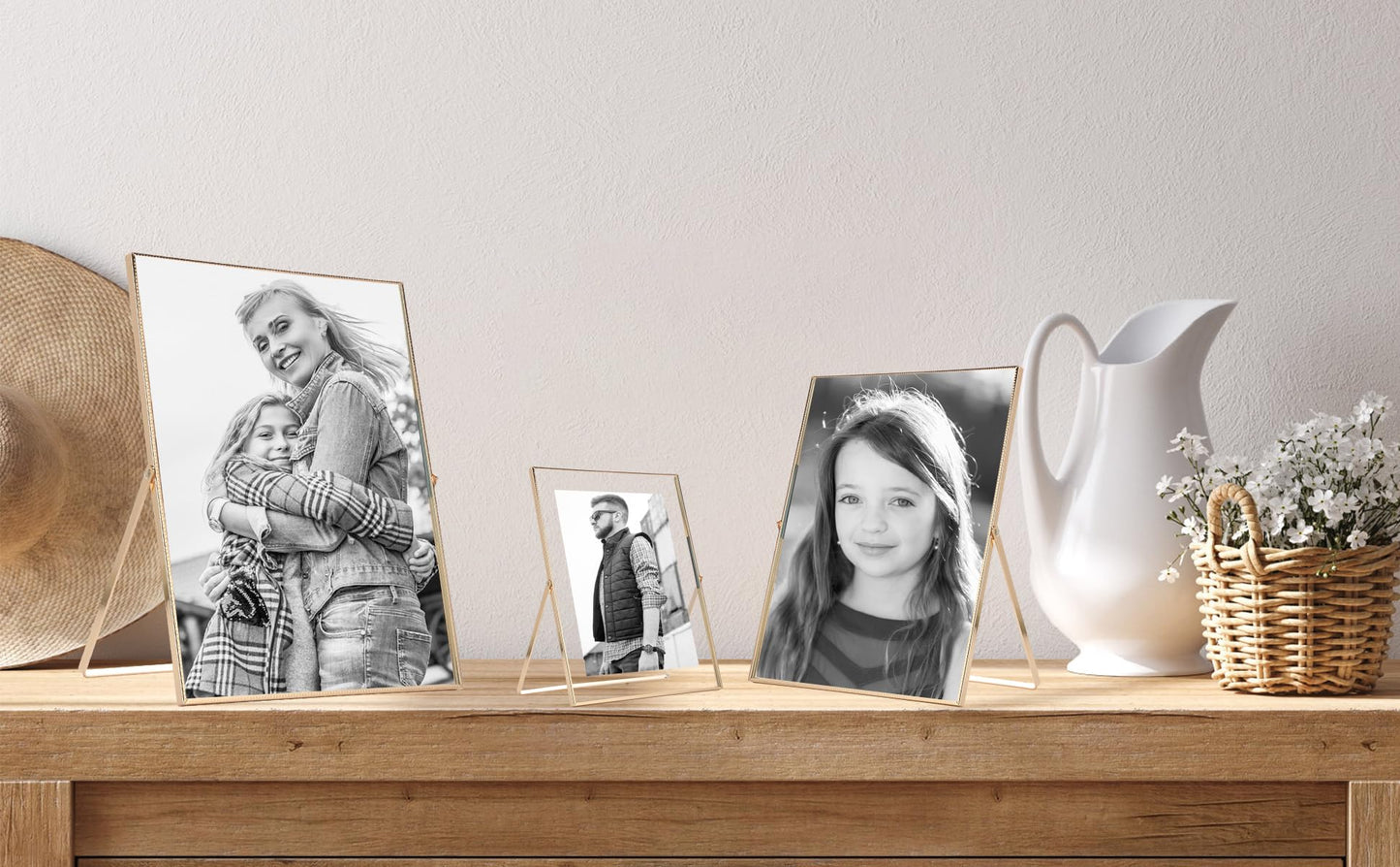 Gold 5x7'' Floating Frame Set of 2, For Photo Sizes (3.5 x5'', 4x 6'' up to 5x7'' ), Beautiful Metal Lace Edge Frames Adjustable Tabletop/Shelf Photo Frame, Classy Gift Choice for Wedding,