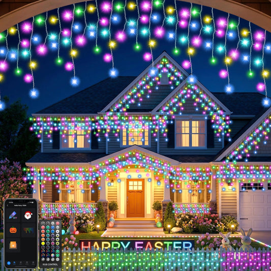 33FT Smart Icicle Lights, App Control DIY 16 Million Colors, Music Sync Outdoor String Lights with Timer, IP44 Waterproof for Easter Spring Decor, 4th of July Patriotic, Roof Gutter & Holiday Party