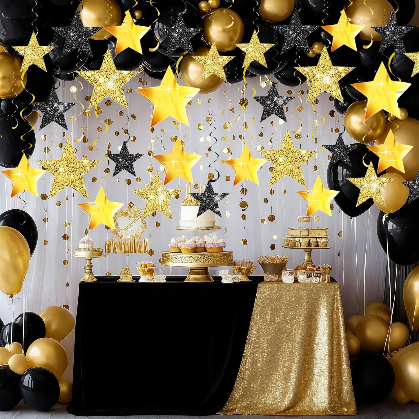 Black Gold Graduation Decorations/Black Gold Party Decorations/Black and Gold Star Hanging Swirls, 16 Pieces, for Birthday,New Year Eve, Graduation Star Party Decorations