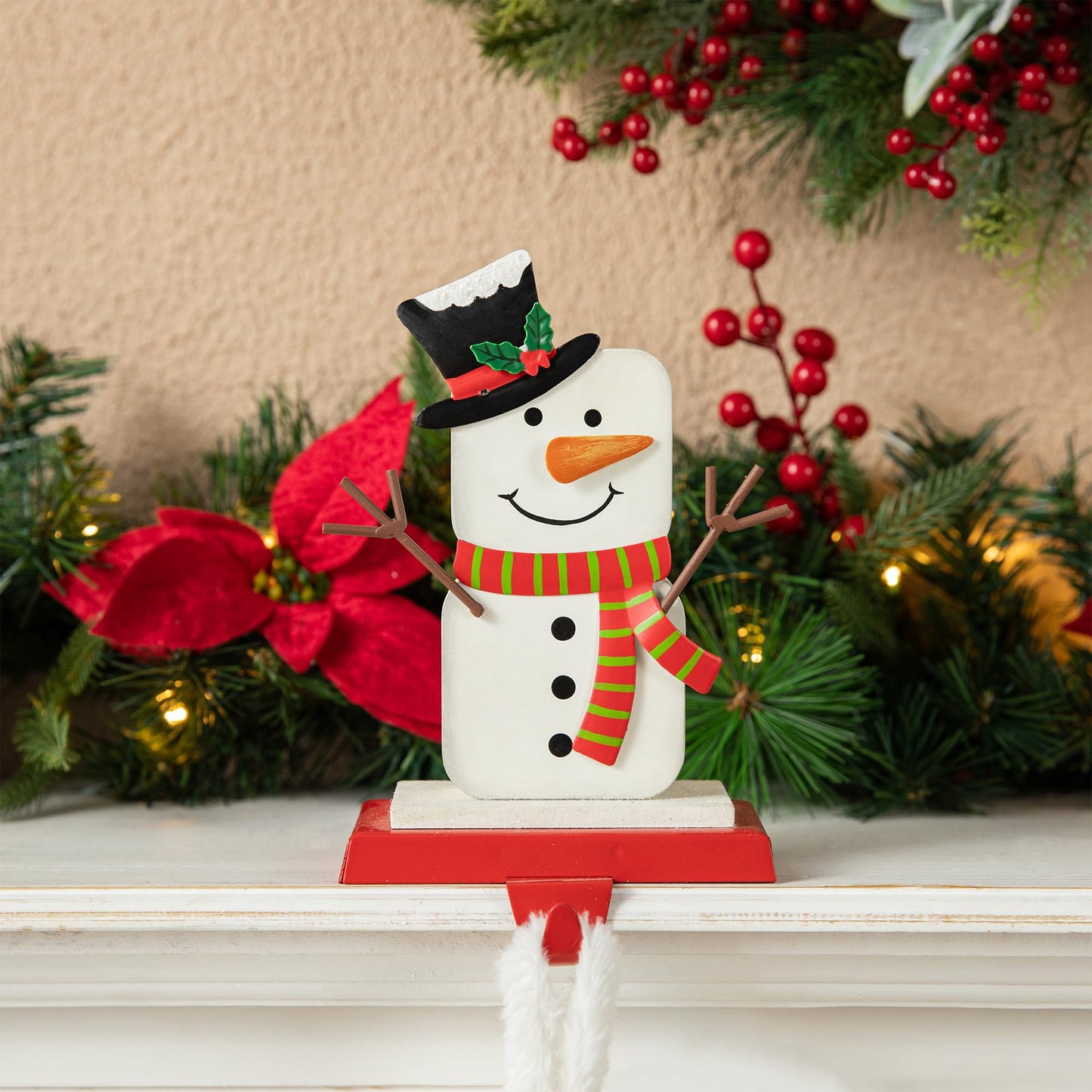 Glitzhome Christmas Stocking Holders for Mantel, Set of 2 Snowman S'Mores Marshmallow Metal Hooks, Heavy Duty Fireplace Hangers for Indoor Holiday Decor